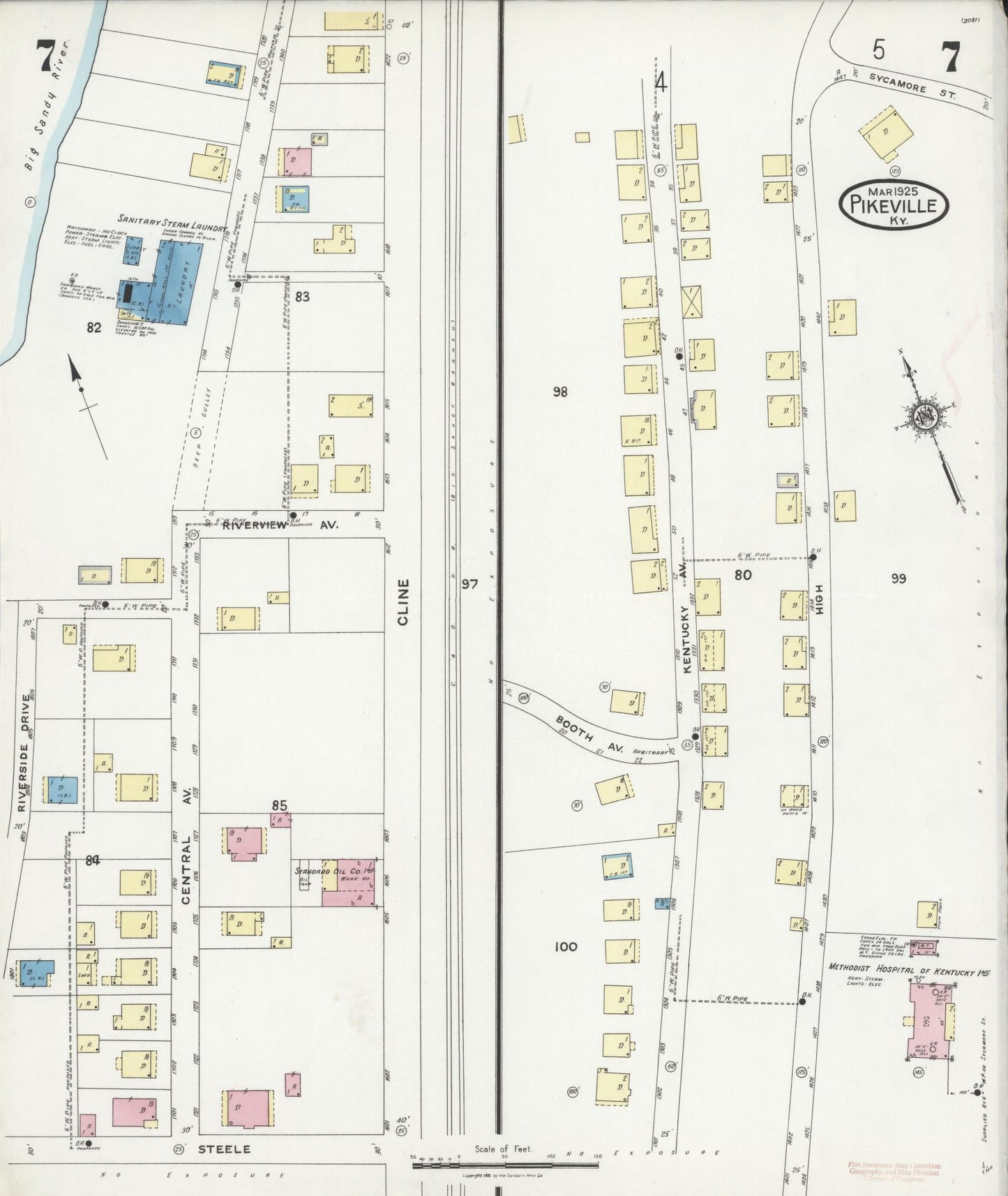 Sanborn Fire Insurance Map from Pikeville, Pike County, Kentucky (1925), Sheet #0007 - Historic Sanborn Fire Insurance Map Print, vintage old map wall art, antique decor, genealogy gift, Kentucky Kentucky map