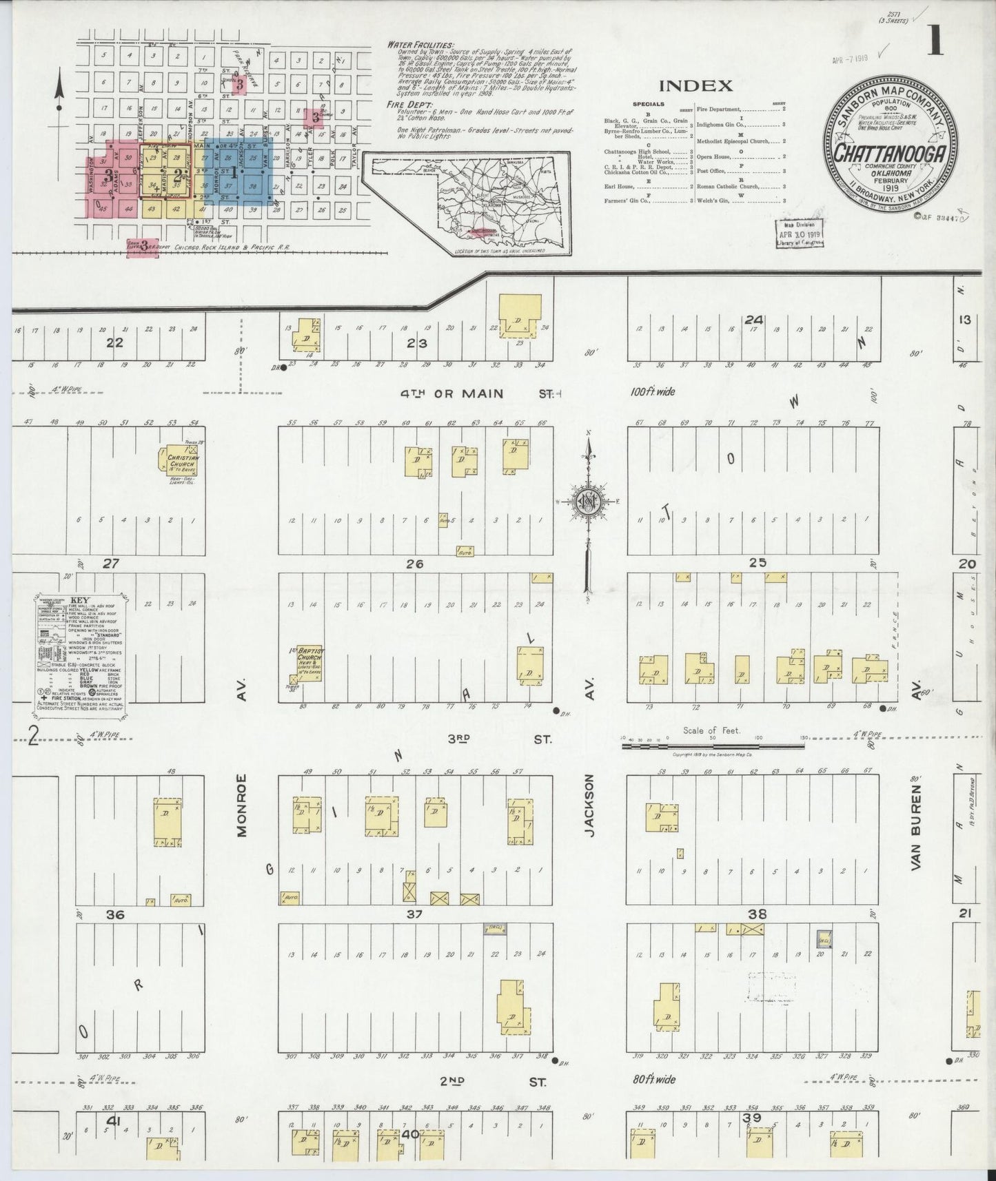 Sanborn Fire Insurance Map from Chattanooga, Comanche County, Oklahoma (1919), Sheet #0001 - Historic Sanborn Fire Insurance Map Print, vintage old map wall art, antique decor, genealogy gift, Oklahoma Oklahoma map