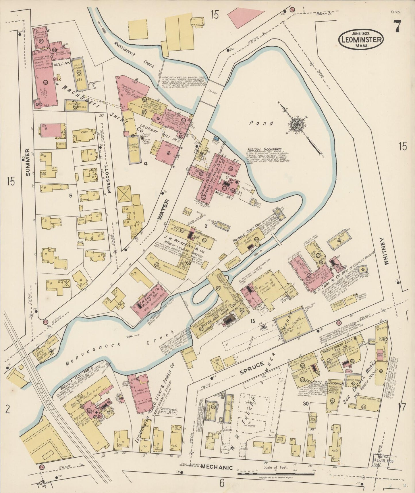 Sanborn Fire Insurance Map from Leominster, Worcester County, Massachusetts (1922), Sheet #0007 - Historic Sanborn Fire Insurance Map Print, vintage old map wall art, antique decor, genealogy gift, Massachusetts Massachusetts map