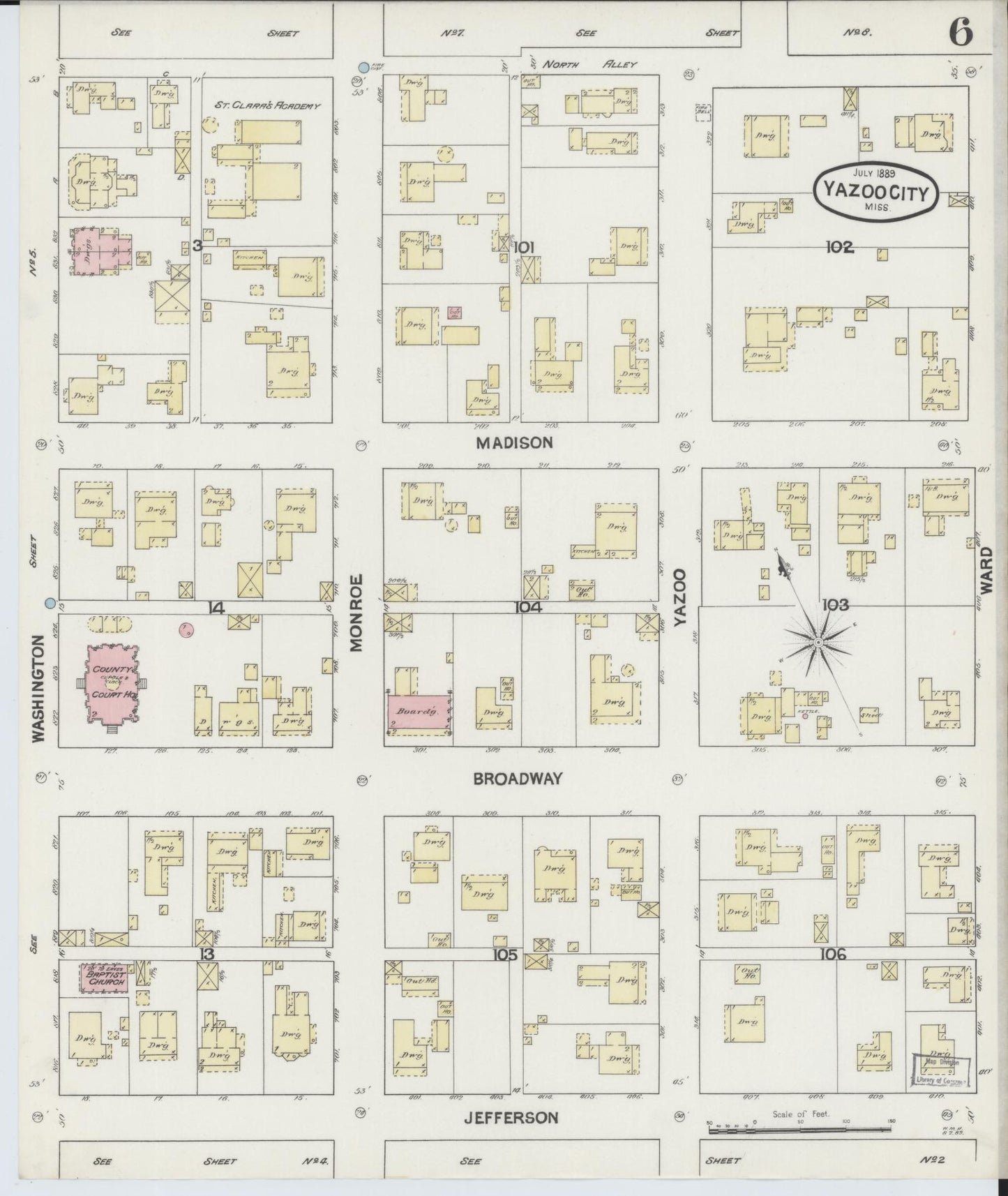 Sanborn Fire Insurance Map from Yazoo City, Yazoo County, Mississippi (1889), Sheet #0006 - Historic Sanborn Fire Insurance Map Print, vintage old map wall art, antique decor, genealogy gift, Mississippi Mississippi map