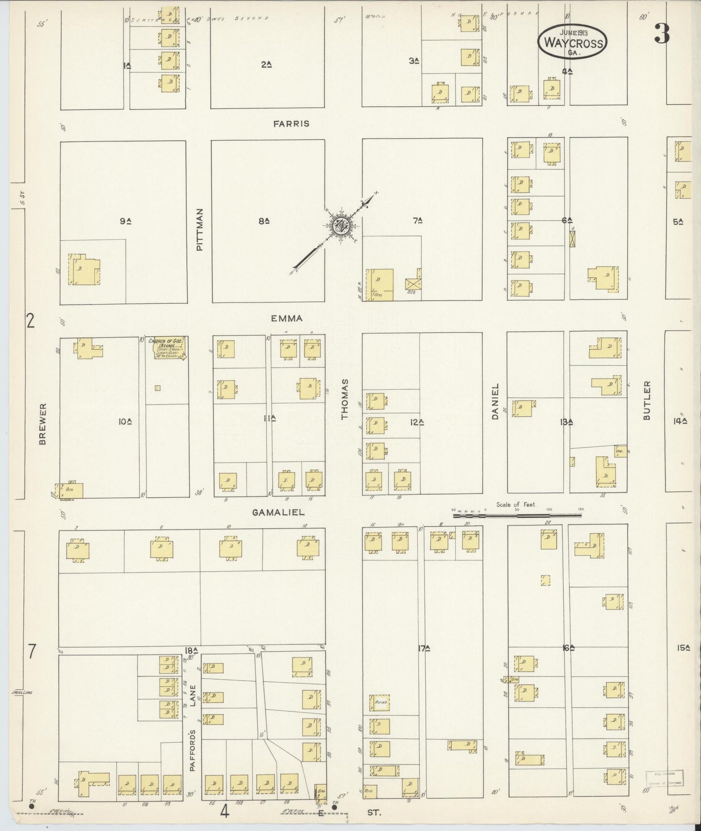 Sanborn Fire Insurance Map from Waycross, Ware County, Georgia (1913), Sheet #0003 - Historic Sanborn Fire Insurance Map Print, vintage old map wall art, antique decor, genealogy gift, Georgia Georgia map