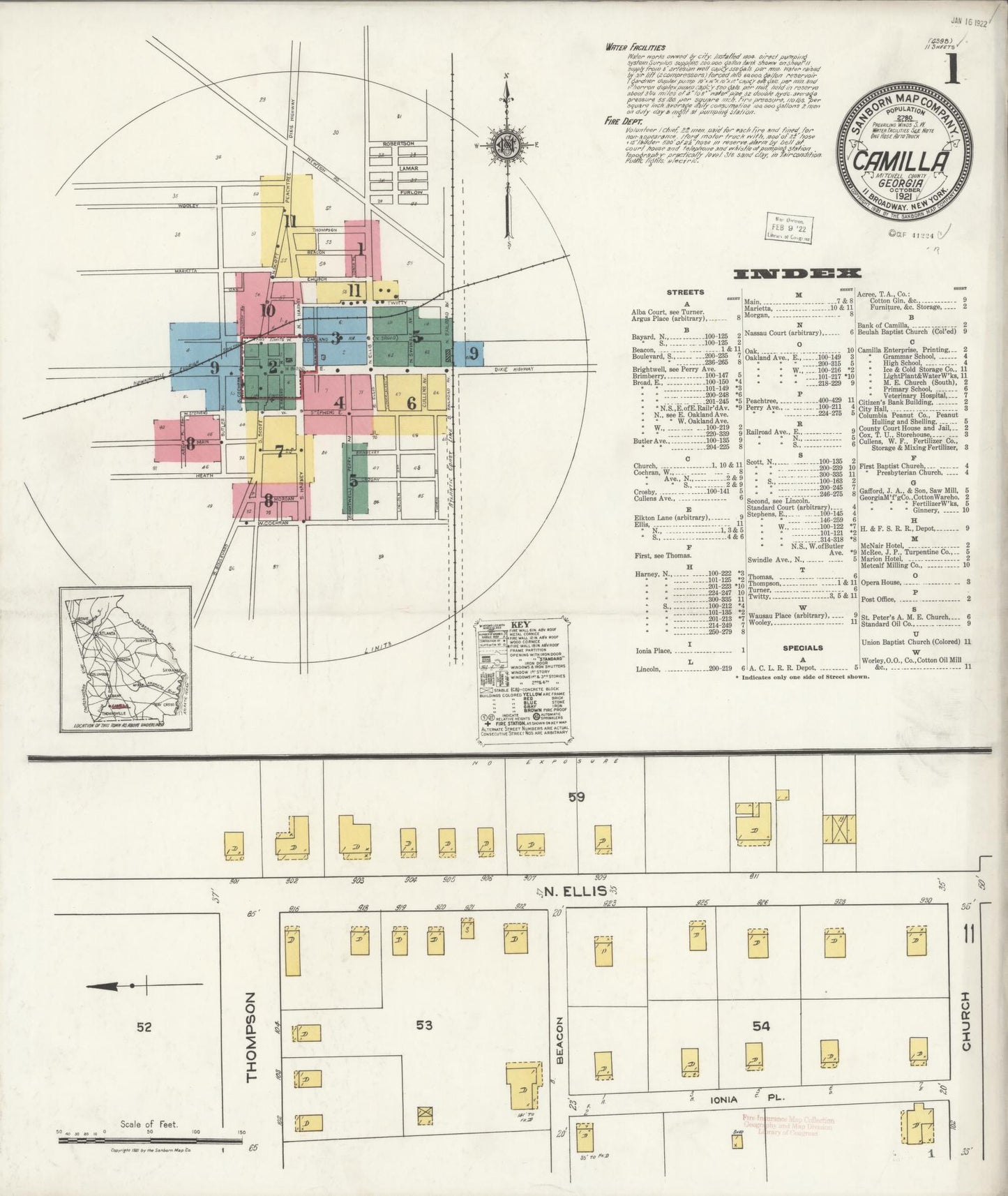 Sanborn Fire Insurance Map from Camilla, Mitchell County, Georgia (1921), Sheet #0001 - Historic Sanborn Fire Insurance Map Print, vintage old map wall art, antique decor, genealogy gift, Georgia Georgia map