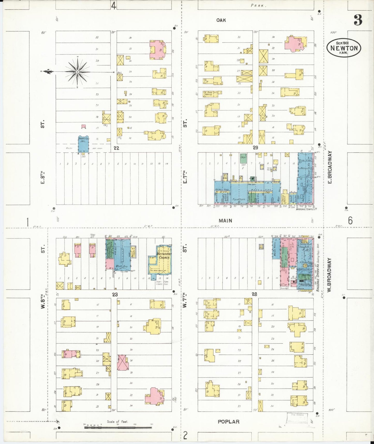 Sanborn Fire Insurance Map from Newton, Harvey County, Kansas (1901), Sheet #0003 - Historic Sanborn Fire Insurance Map Print, vintage old map wall art, antique decor, genealogy gift, Kansas Kansas map