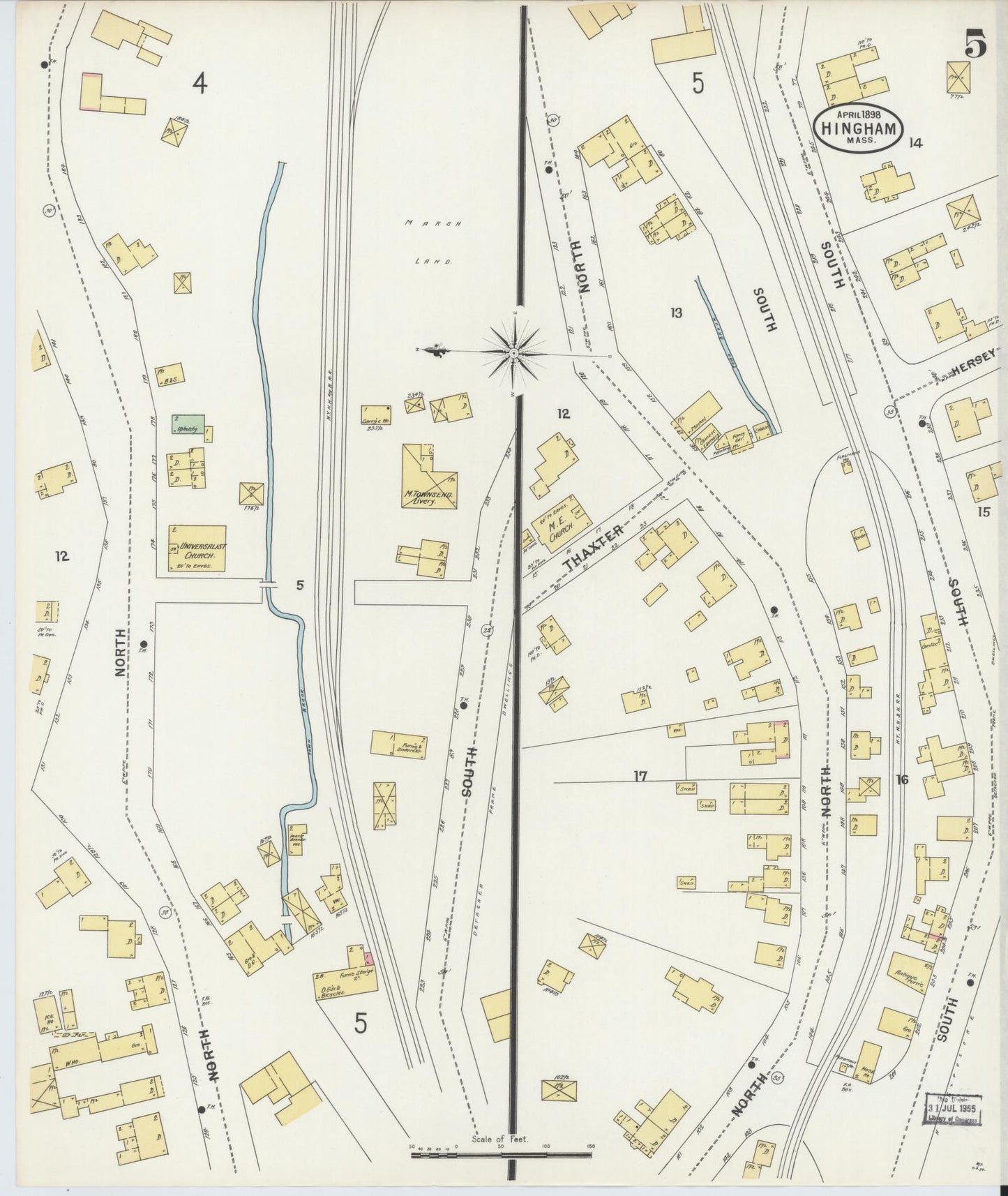 Sanborn Fire Insurance Map from Hingham, Plymouth County, Massachusetts (1898), Sheet #0005 - Historic Sanborn Fire Insurance Map Print, vintage old map wall art, antique decor, genealogy gift, Massachusetts Massachusetts map