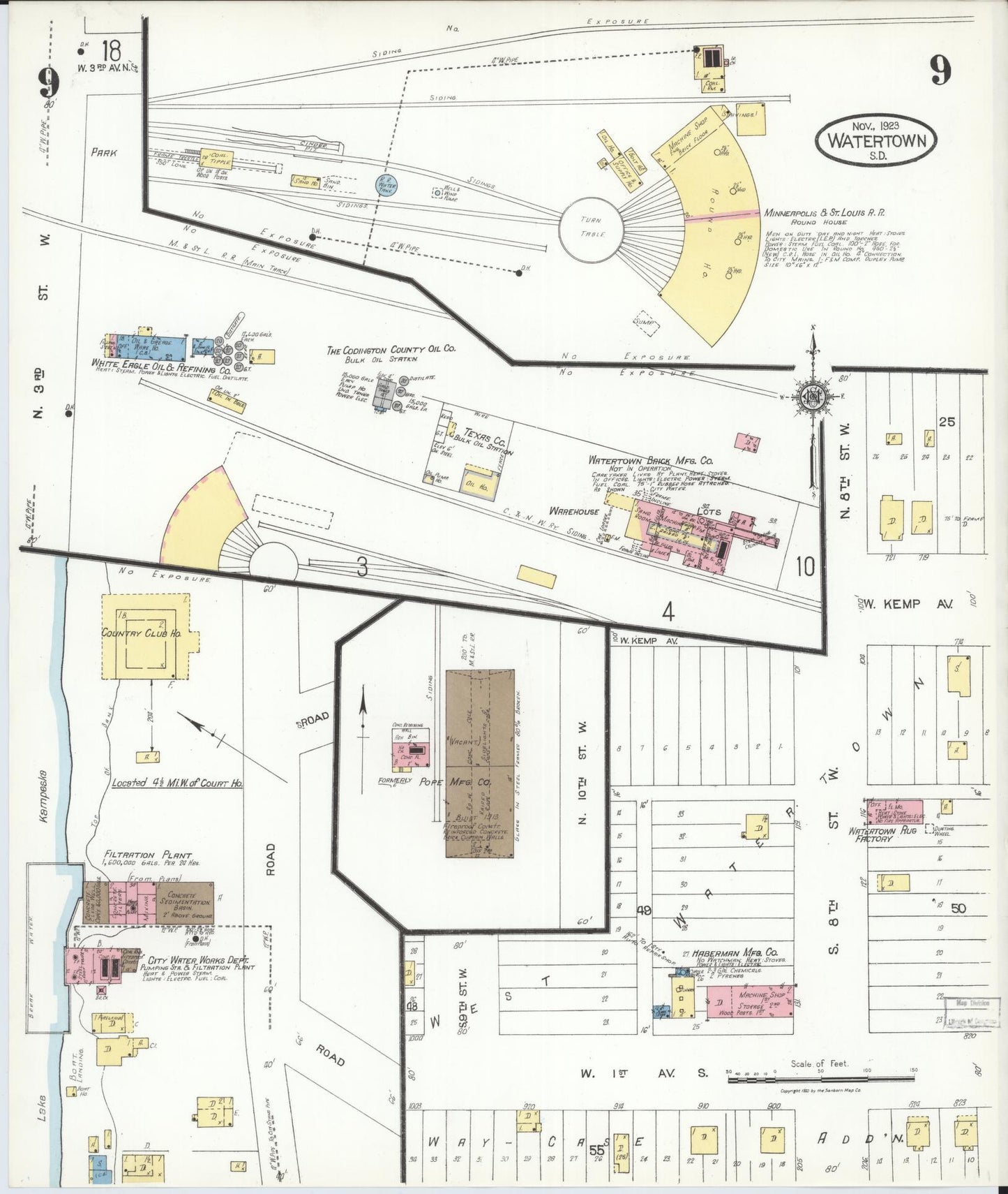 Sanborn Fire Insurance Map from Watertown, Codington County, South Dakota (1923), Sheet #0009 - Historic Sanborn Fire Insurance Map Print, vintage old map wall art, antique decor, genealogy gift, South Dakota South Dakota map