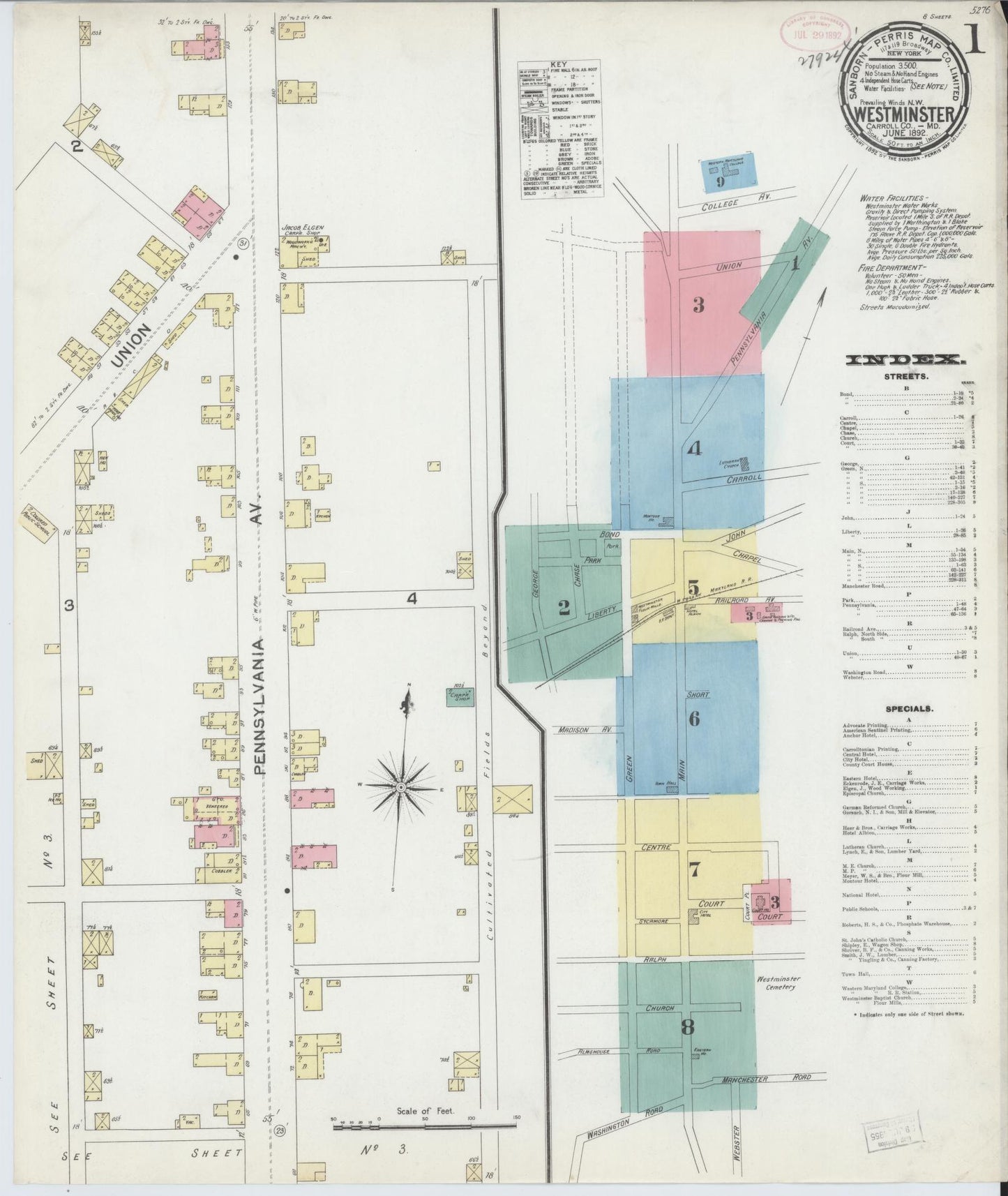 Sanborn Fire Insurance Map from Westminster, Carroll County, Maryland (1892), Sheet #0001 - Historic Sanborn Fire Insurance Map Print, vintage old map wall art, antique decor, genealogy gift, Maryland Maryland map
