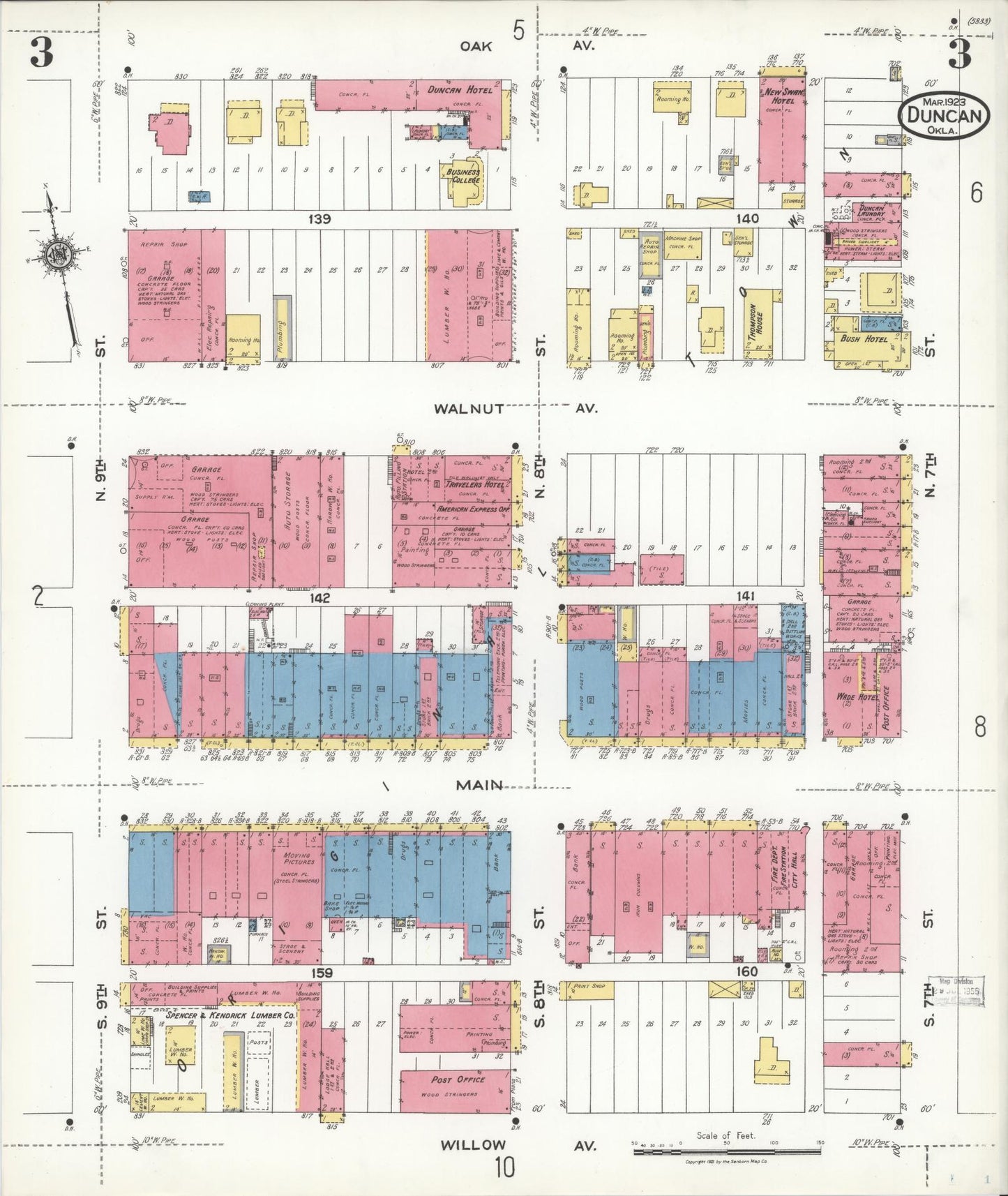 Sanborn Fire Insurance Map from Duncan, Stephens County, Oklahoma (1923), Sheet #0003 - Historic Sanborn Fire Insurance Map Print, vintage old map wall art, antique decor, genealogy gift, Oklahoma Oklahoma map