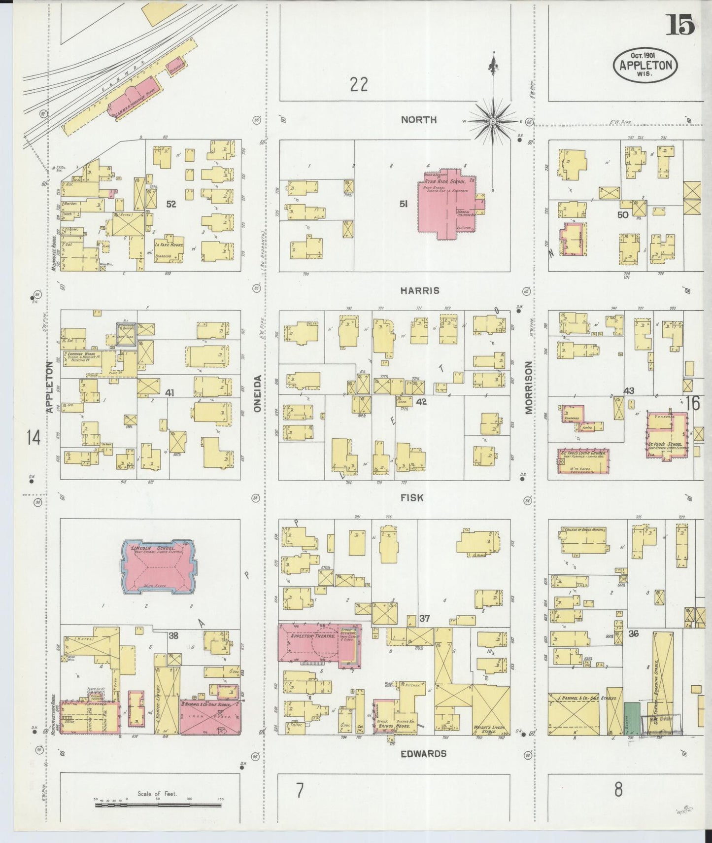 Sanborn Fire Insurance Map from Appleton, Outagamie County, Wisconsin (1901), Sheet #0015 - Historic Sanborn Fire Insurance Map Print, vintage old map wall art, antique decor, genealogy gift, Wisconsin Wisconsin map