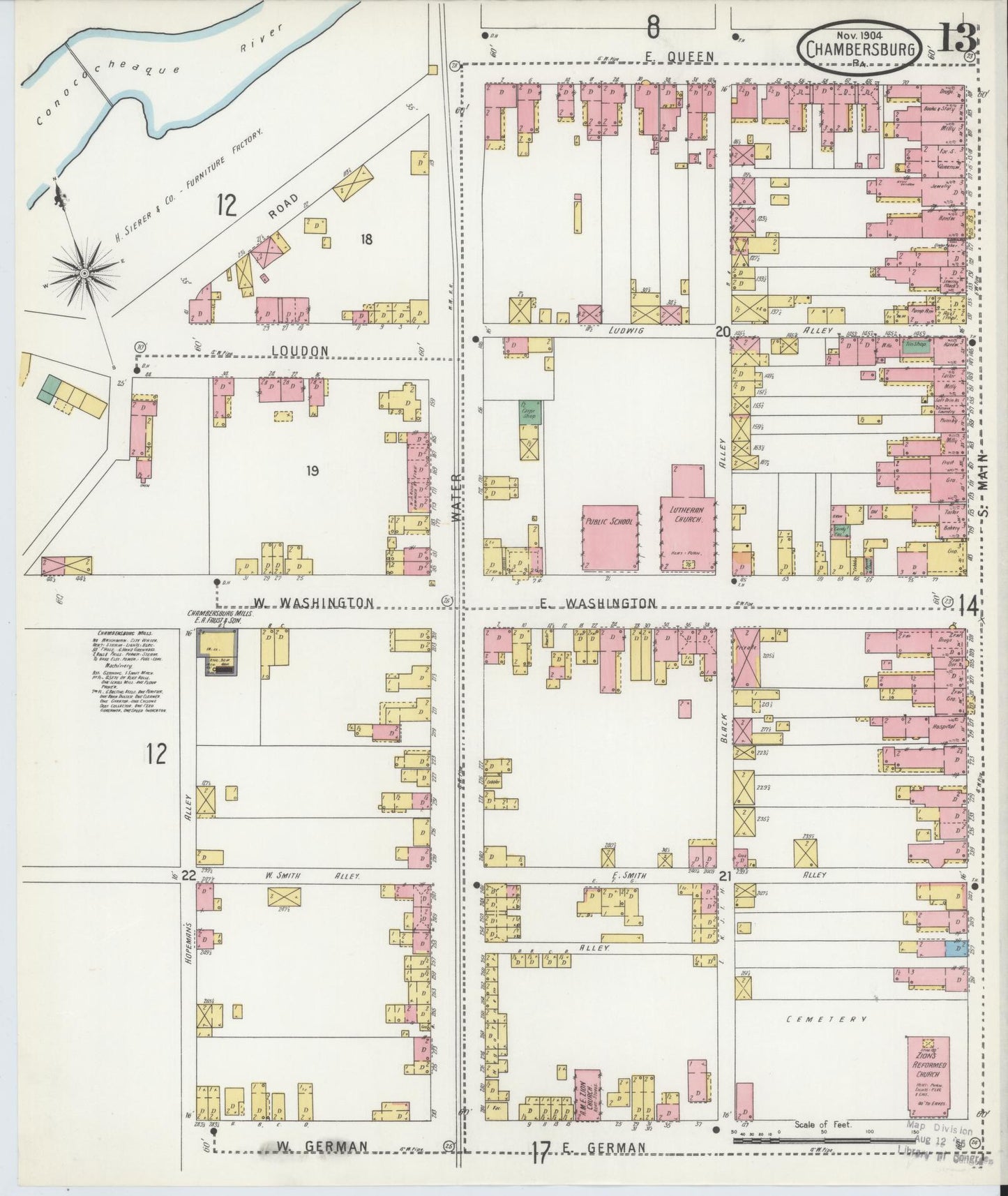 Sanborn Fire Insurance Map from Chambersburg, Franklin County, Pennsylvania (1904), Sheet #0013 - Historic Sanborn Fire Insurance Map Print, vintage old map wall art, antique decor, genealogy gift, Pennsylvania Pennsylvania map