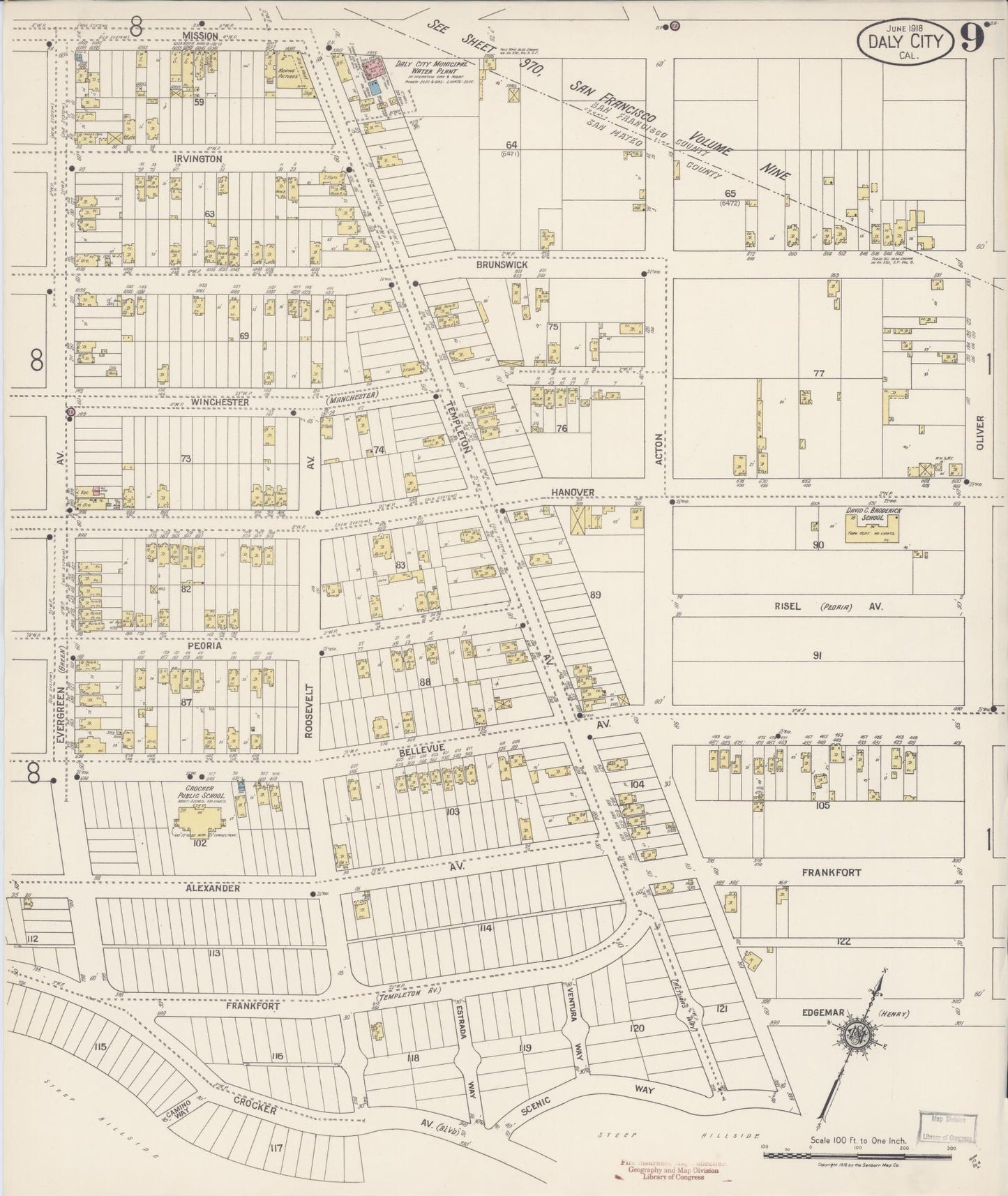 Sanborn Fire Insurance Map from Daly City, San Mateo County, California (1918), Sheet #0009 - Complete Map Set gallery image, historic Sanborn map, vintage wall art, California California