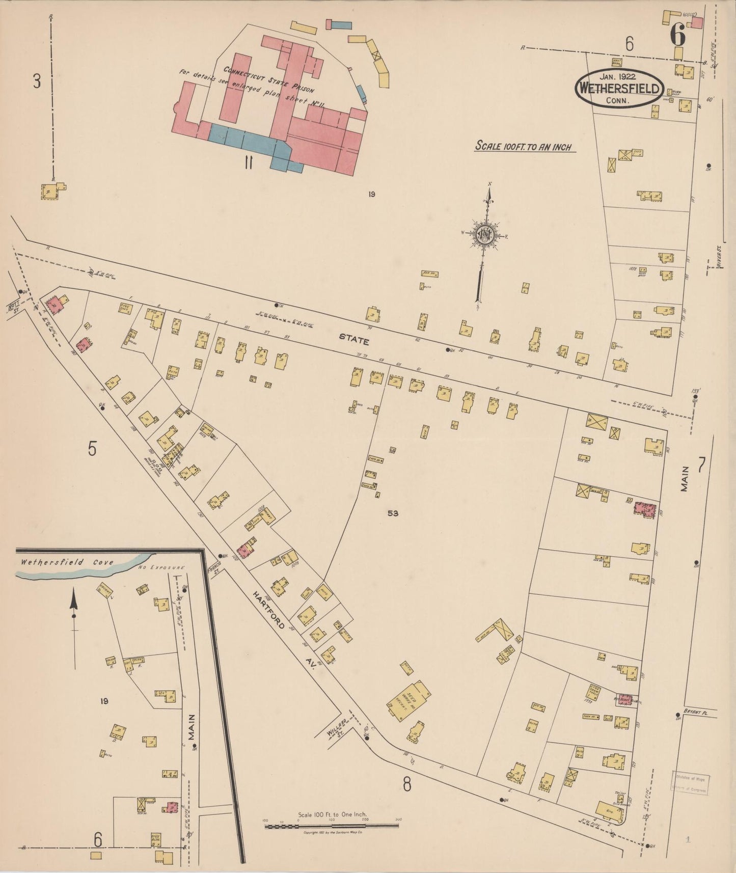 Sanborn Fire Insurance Map from Wethersfield, Hartford County, Connecticut (1922), Sheet #0006 - Historic Sanborn Fire Insurance Map Print, vintage old map wall art, antique decor, genealogy gift, Connecticut Connecticut map