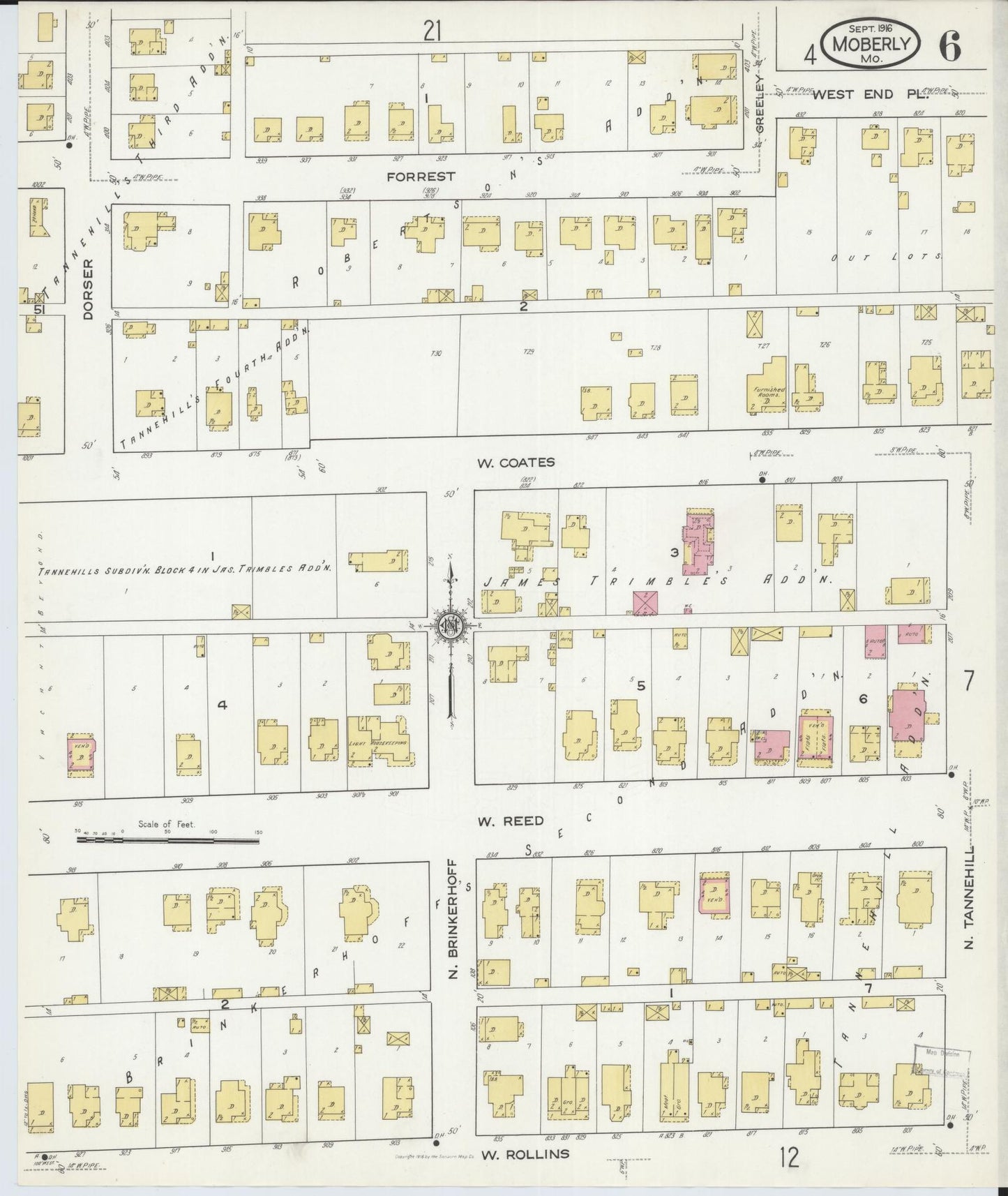 Sanborn Fire Insurance Map from Moberly, Randolph County, Missouri (1916), Sheet #0006 - Historic Sanborn Fire Insurance Map Print, vintage old map wall art, antique decor, genealogy gift, Missouri Missouri map