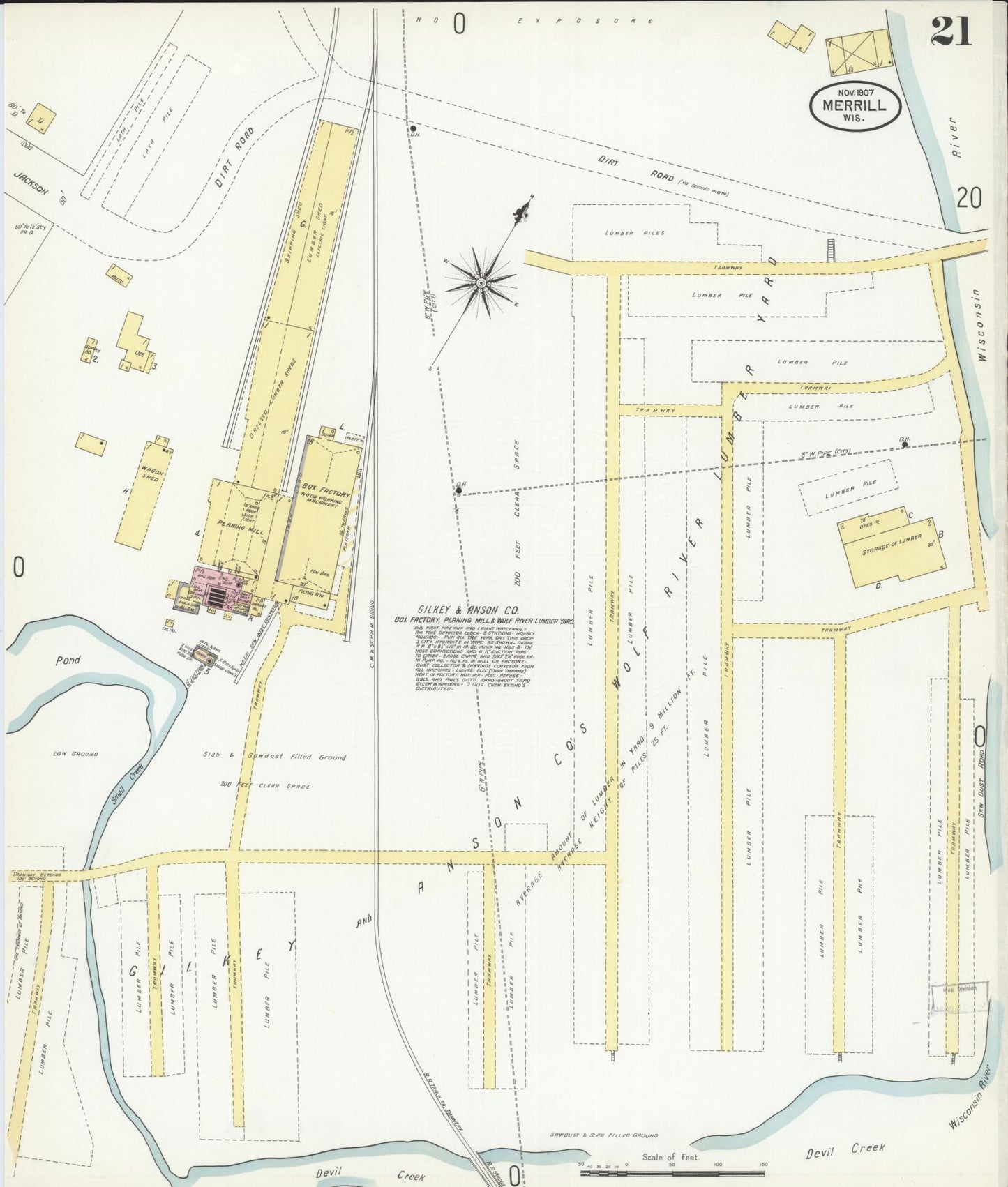 Sanborn Fire Insurance Map from Merrill, Lincoln County, Wisconsin (1907), Sheet #0021 - Historic Sanborn Fire Insurance Map Print, vintage old map wall art, antique decor, genealogy gift, Wisconsin Wisconsin map