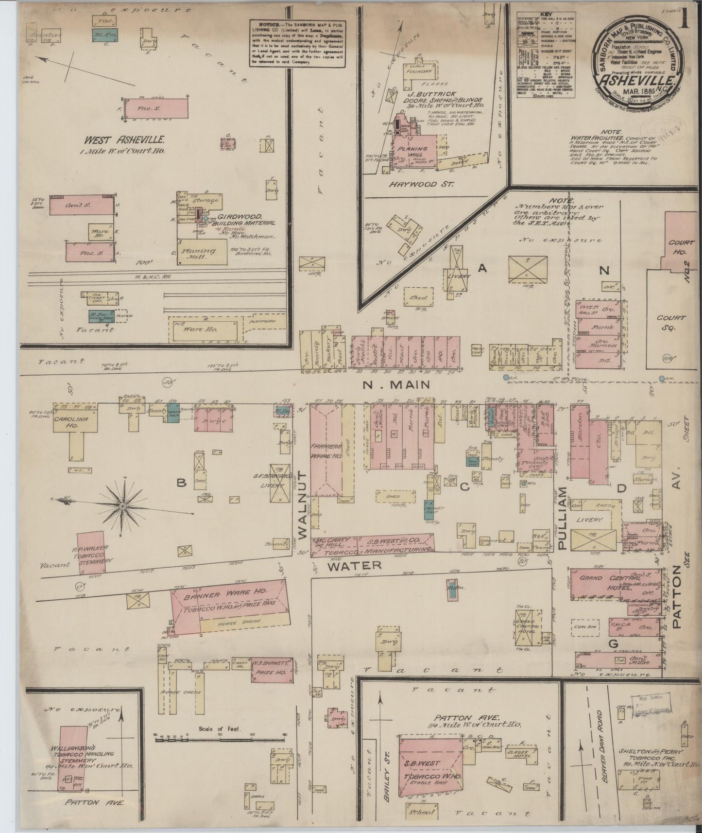 Sanborn Fire Insurance Map from Asheville, Buncombe County, North Carolina (1885), Sheet #0001 - Historic Sanborn Fire Insurance Map Print, vintage old map wall art, antique decor, genealogy gift, North Carolina North Carolina map