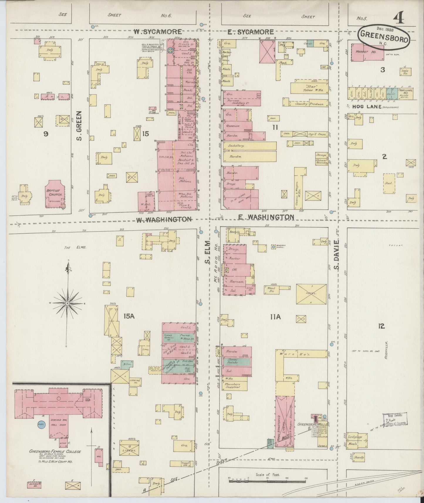 Sanborn Fire Insurance Map from Greensboro, Guilford County, North Carolina (1888), Sheet #0004 - Historic Sanborn Fire Insurance Map Print, vintage old map wall art, antique decor, genealogy gift, North Carolina North Carolina map