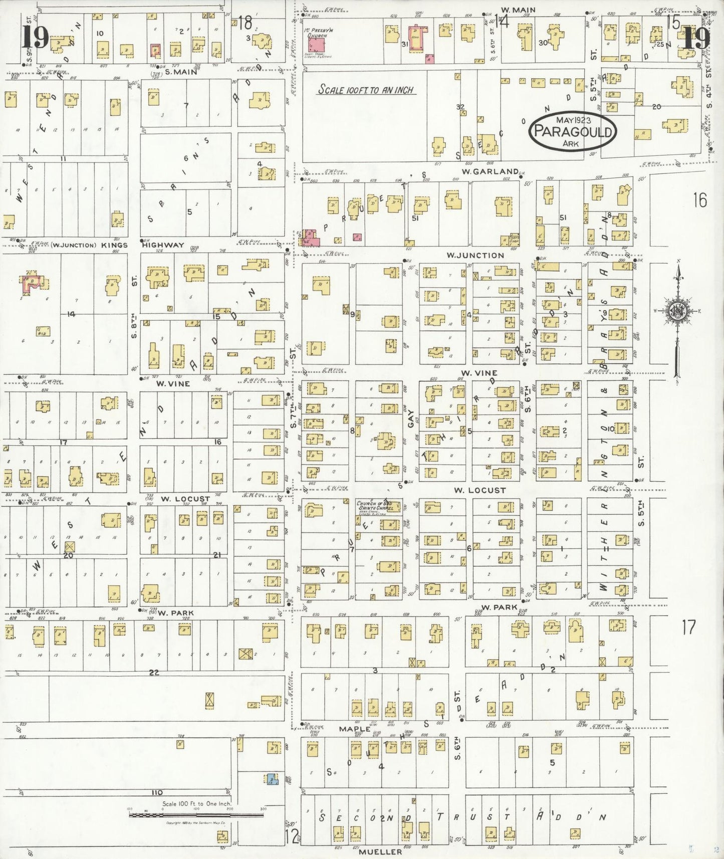 Sanborn Fire Insurance Map from Paragould, Greene County, Arkansas (1923), Sheet #0019 - Historic Sanborn Fire Insurance Map Print, vintage old map wall art, antique decor, genealogy gift, Arkansas Arkansas map