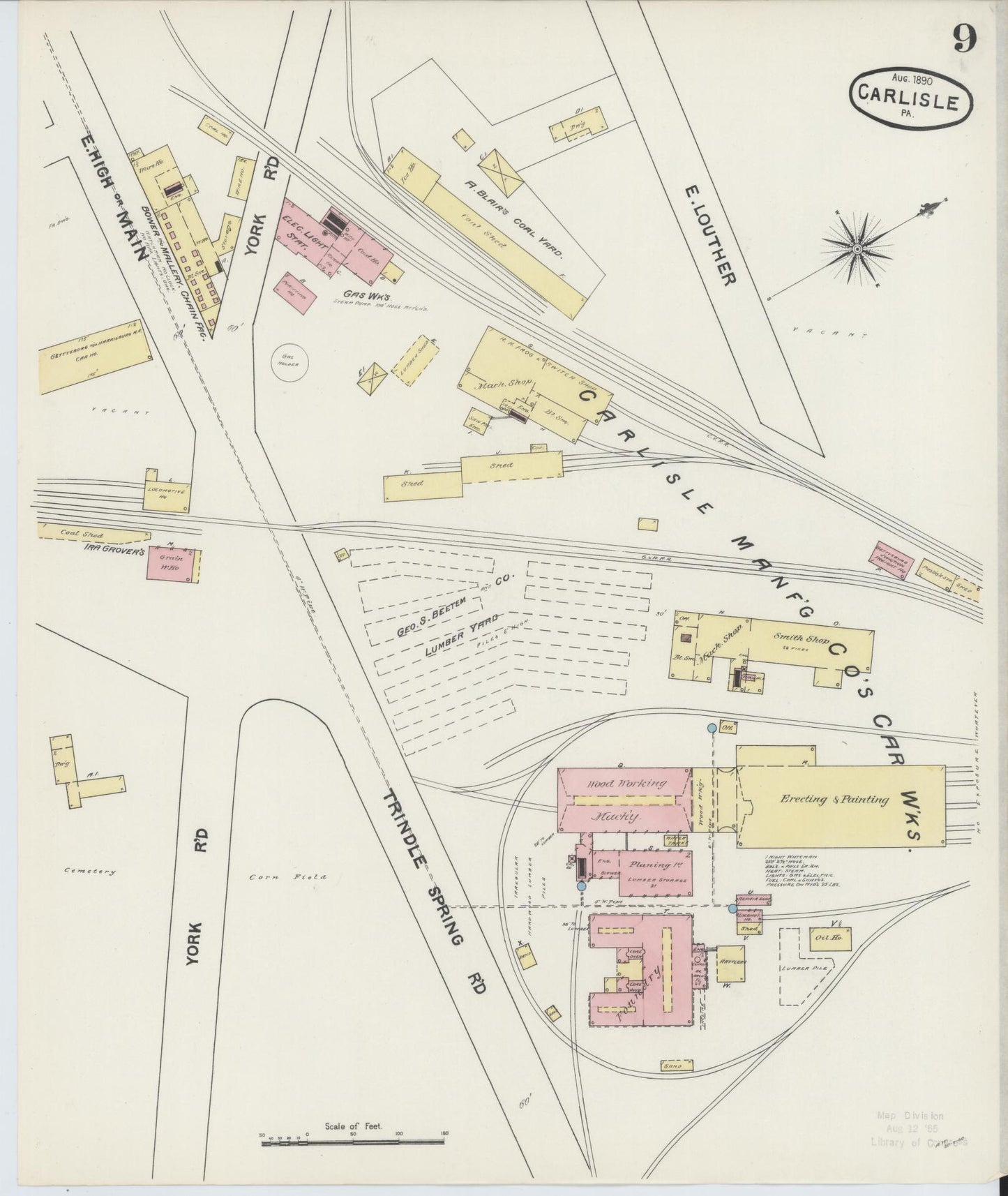 Sanborn Fire Insurance Map from Carlisle, Cumberland County, Pennsylvania (1890), Sheet #0009 - Historic Sanborn Fire Insurance Map Print, vintage old map wall art, antique decor, genealogy gift, Pennsylvania Pennsylvania map