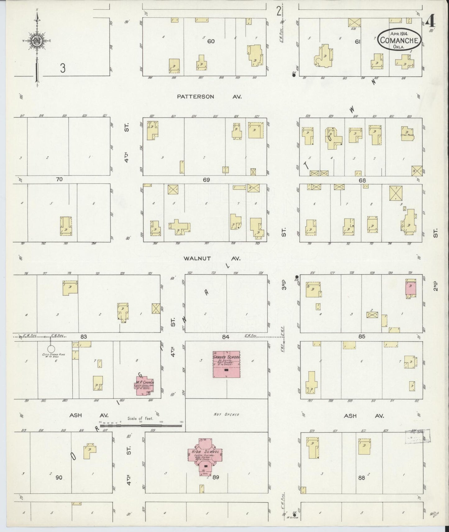 Sanborn Fire Insurance Map from Comanche, Stephens County, Oklahoma (1914), Sheet #0004 - Complete Map Set gallery image, historic Sanborn map, vintage wall art, Oklahoma Oklahoma