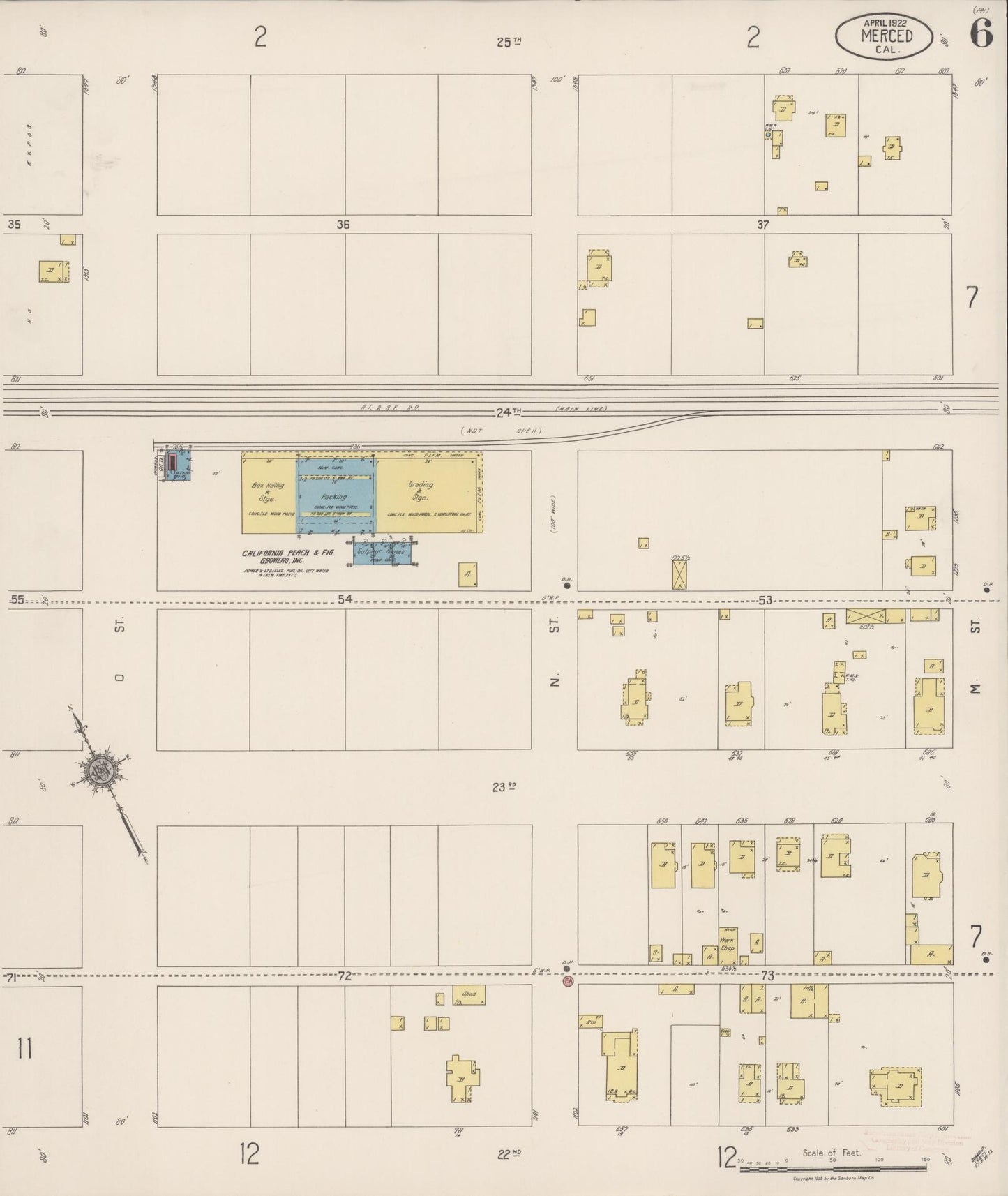 Sanborn Fire Insurance Map from Merced, Merced County, California (1922), Sheet #0006 - Historic Sanborn Fire Insurance Map Print, vintage old map wall art, antique decor, genealogy gift, California California map