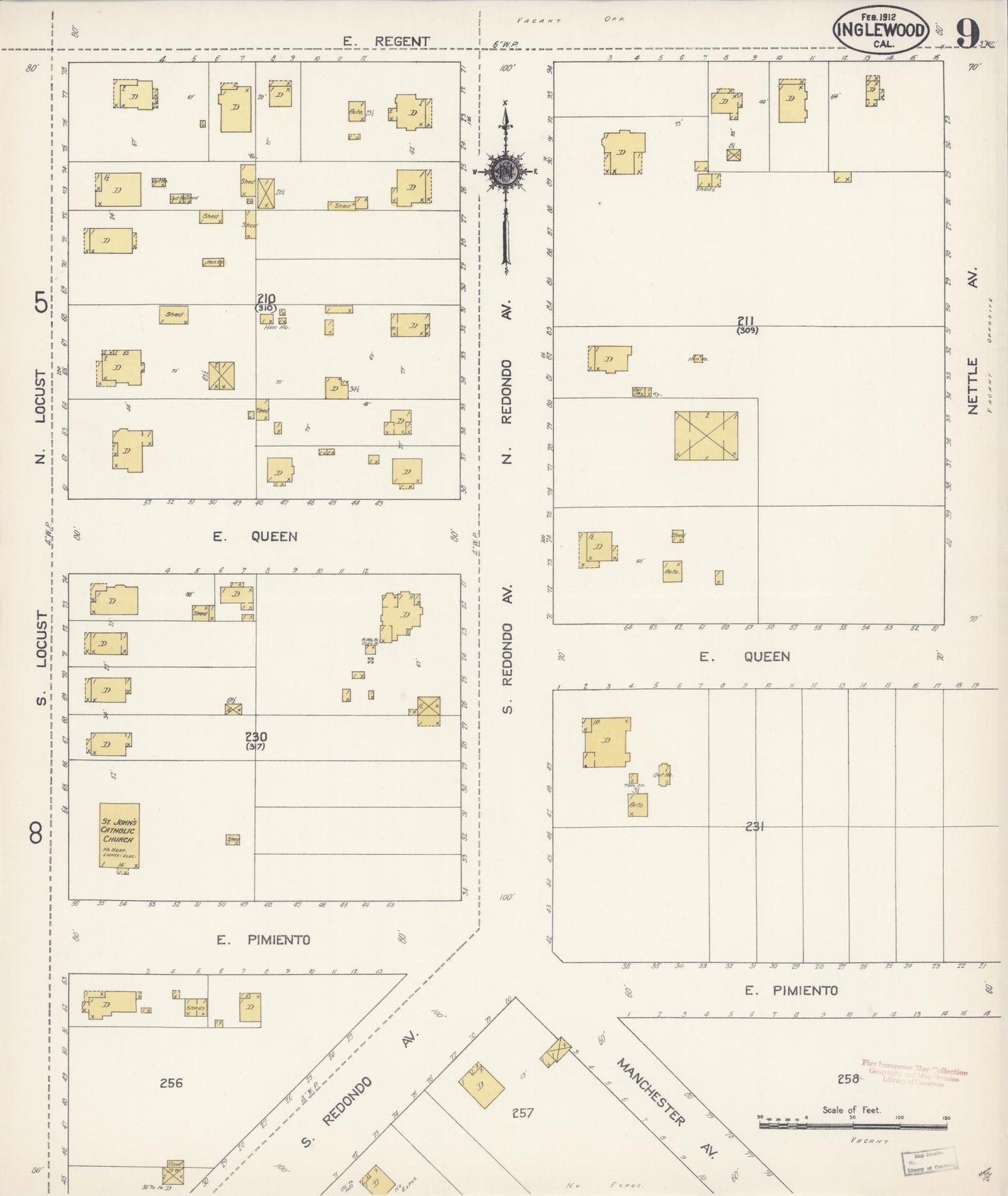 Sanborn Fire Insurance Map from Inglewood, Los Angeles County, California (1912), Sheet #0009 - Historic Sanborn Fire Insurance Map Print, vintage old map wall art, antique decor, genealogy gift, California California map