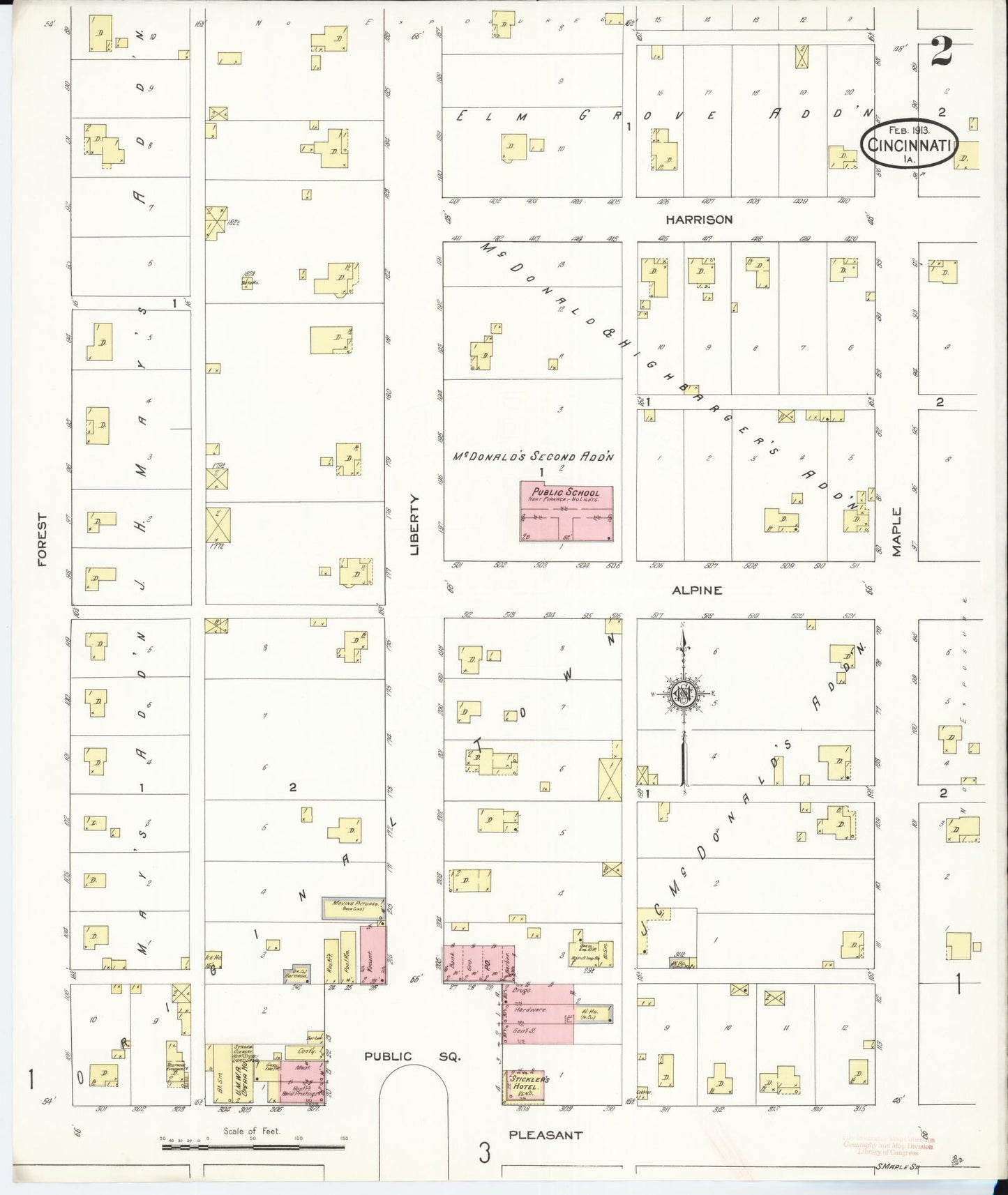 Sanborn Fire Insurance Map from Cincinnati, Appanoose County, Iowa (1913), Sheet #0002 - Historic Sanborn Fire Insurance Map Print, vintage old map wall art