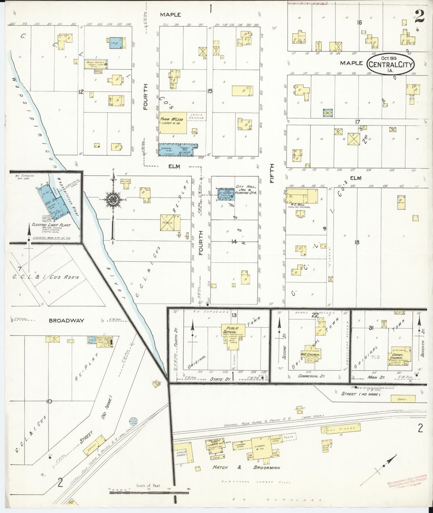 Sanborn Fire Insurance Map from Central City, Linn County, Iowa (1913), Sheet #0002 - Historic Sanborn Fire Insurance Map Print, vintage old map wall art