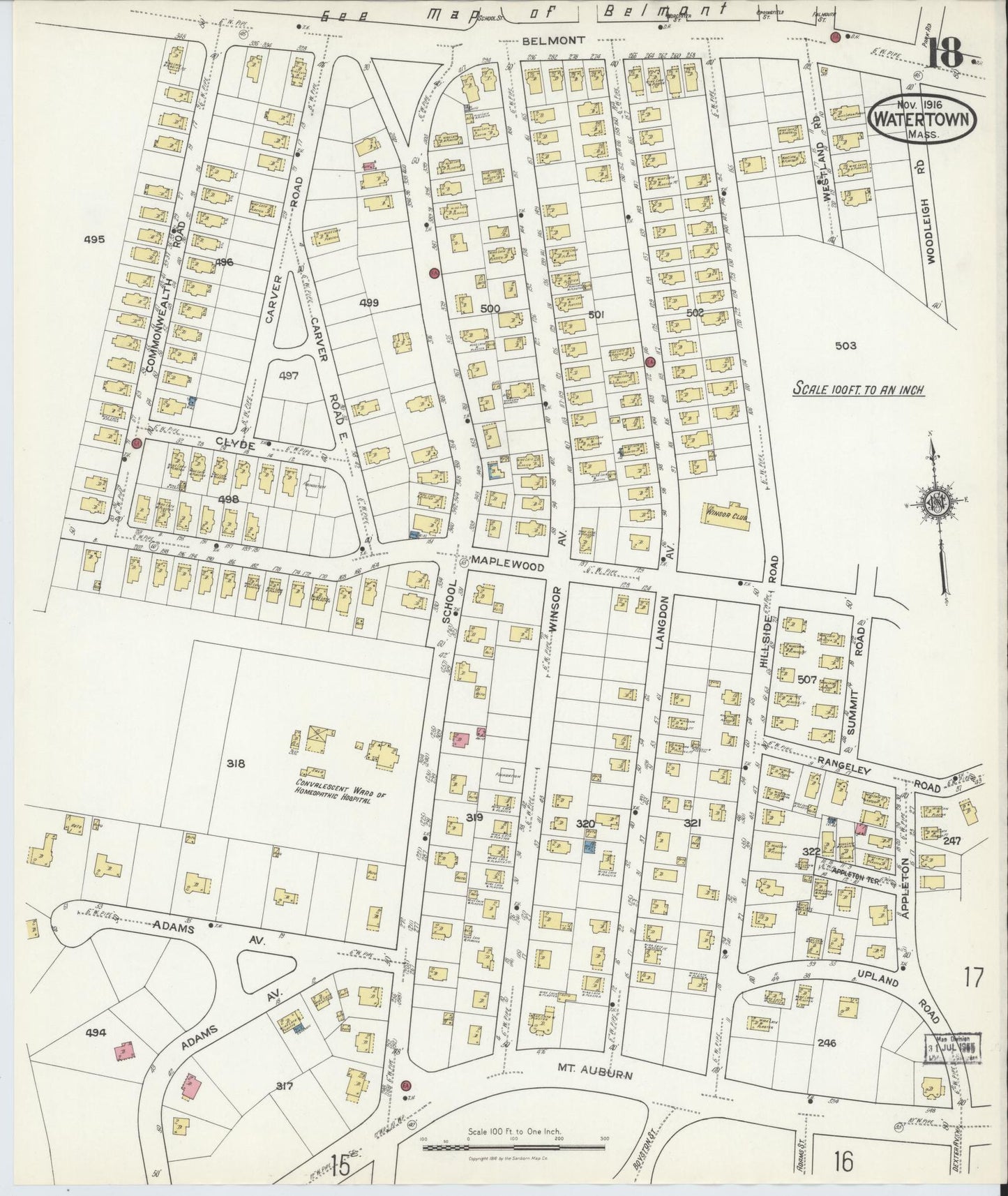 Sanborn Fire Insurance Map from Watertown, Middlesex County, Massachusetts (1916), Sheet #0018 - Historic Sanborn Fire Insurance Map Print, vintage old map wall art, antique decor, genealogy gift, Massachusetts Massachusetts map