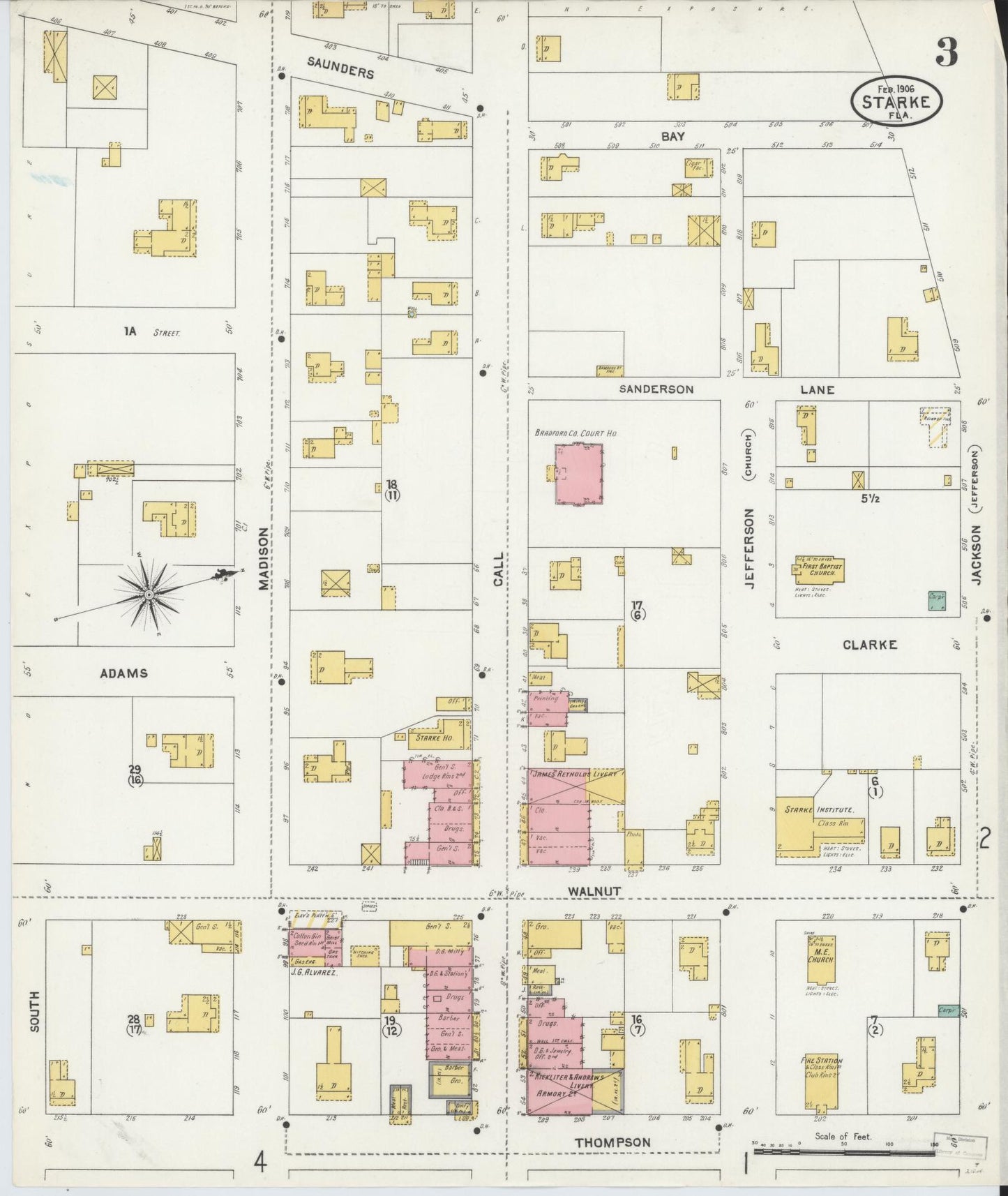Sanborn Fire Insurance Map from Starke, Bradford County, Florida (1906), Sheet #0003 - Historic Sanborn Fire Insurance Map Print, vintage old map wall art, antique decor, genealogy gift, Florida Florida map