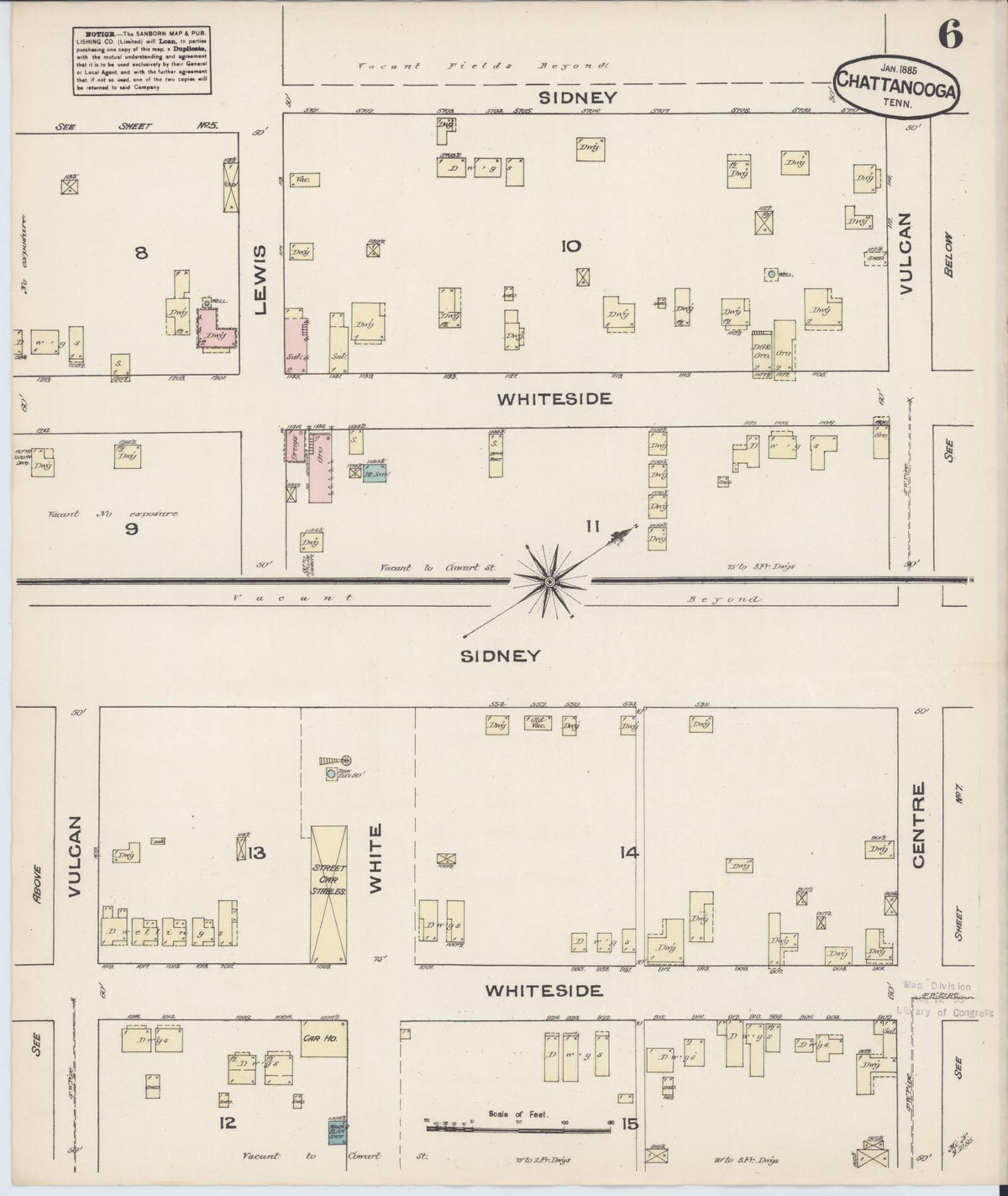 Sanborn Fire Insurance Map from Chattanooga, Hamilton County, Tennessee (1885), Sheet #0006 - Historic Sanborn Fire Insurance Map Print, vintage old map wall art, antique decor, genealogy gift, Tennessee Tennessee map