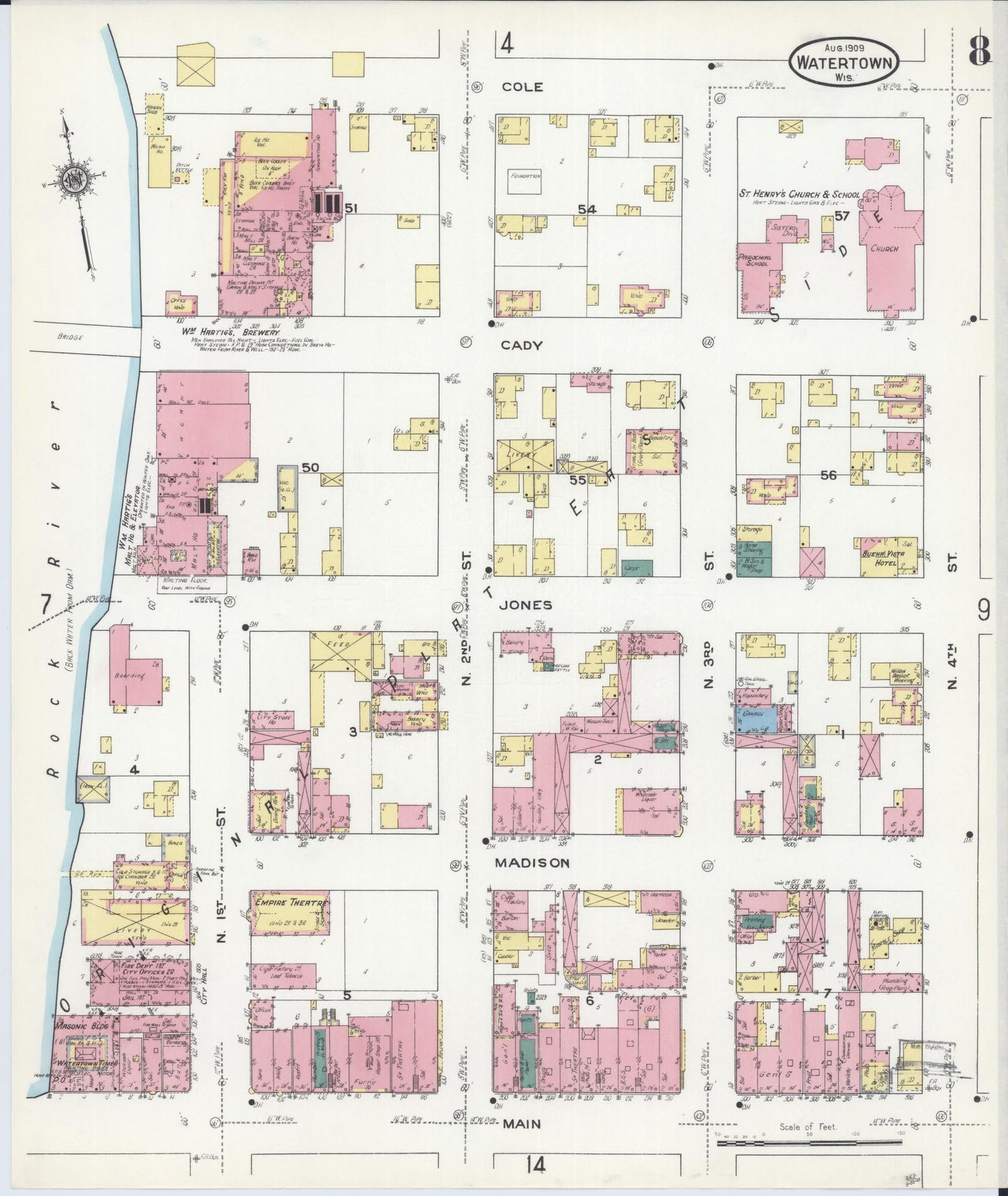 Sanborn Fire Insurance Map from Watertown, Jefferson County, Wisconsin (1909), Sheet #0008 - Historic Sanborn Fire Insurance Map Print, vintage old map wall art, antique decor, genealogy gift, Wisconsin Wisconsin map