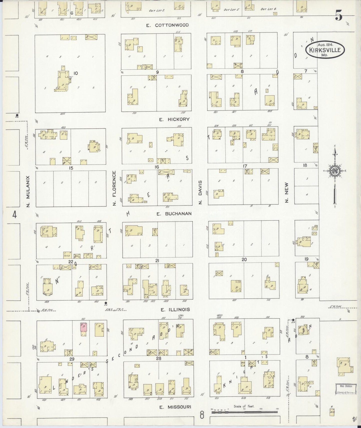 Sanborn Fire Insurance Map from Kirksville, Adair County, Missouri (1914), Sheet #0005 - Historic Sanborn Fire Insurance Map Print, vintage old map wall art, antique decor, genealogy gift, Missouri Missouri map