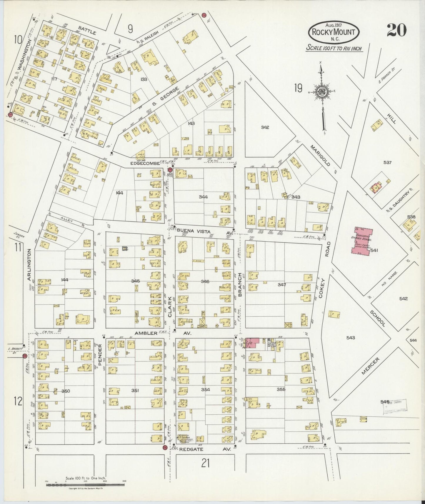Sanborn Fire Insurance Map from Rocky Mount, Edgecombe And Nash Counties, North Carolina (1917), Sheet #0020 - Historic Sanborn Fire Insurance Map Print, vintage old map wall art, antique decor, genealogy gift, North Carolina North Carolina map