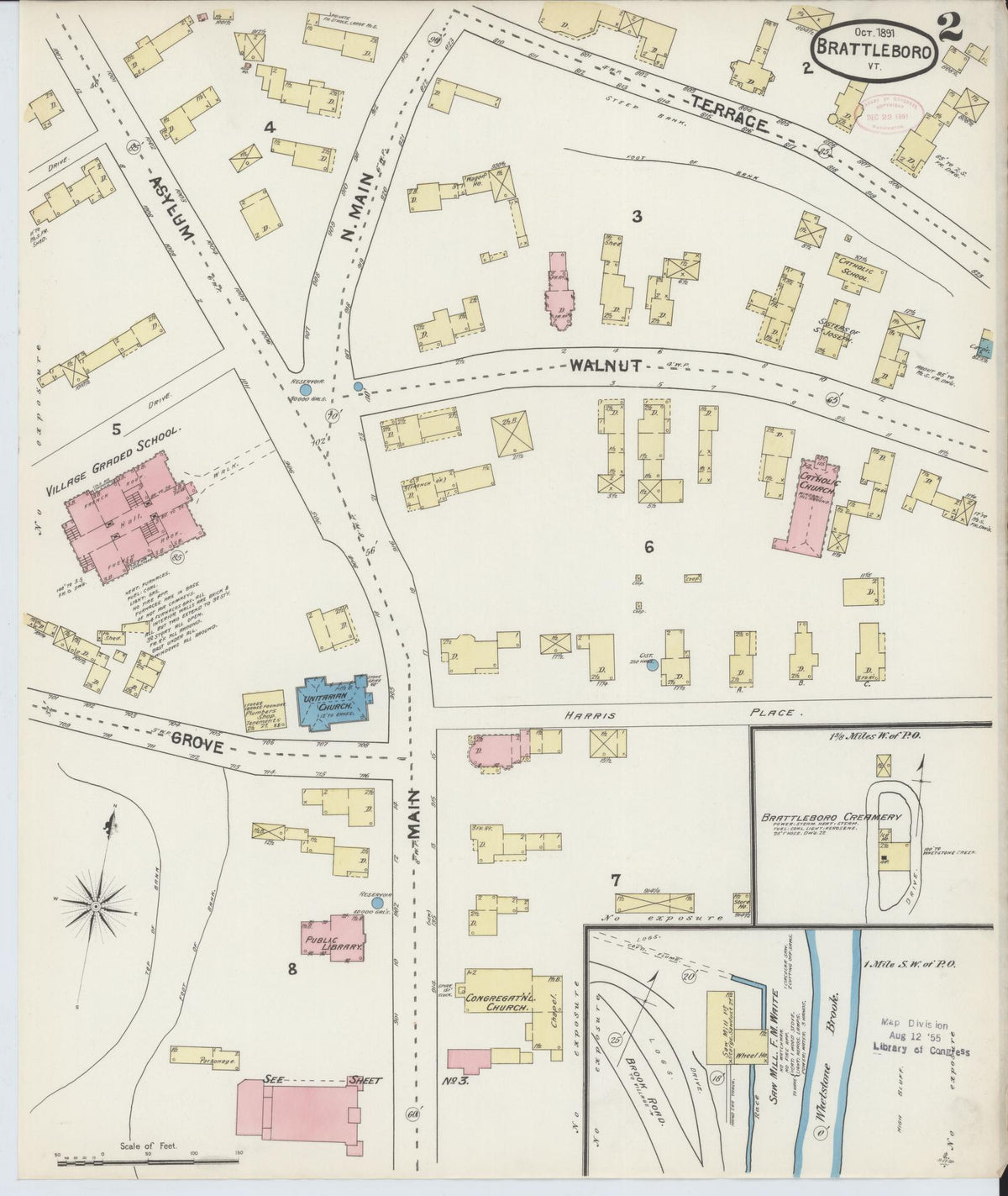 Sanborn Fire Insurance Map from Brattleboro, Windham County, Vermont (1891), Sheet #0002 - Historic Sanborn Fire Insurance Map Print, vintage old map wall art, antique decor, genealogy gift, Vermont Vermont map