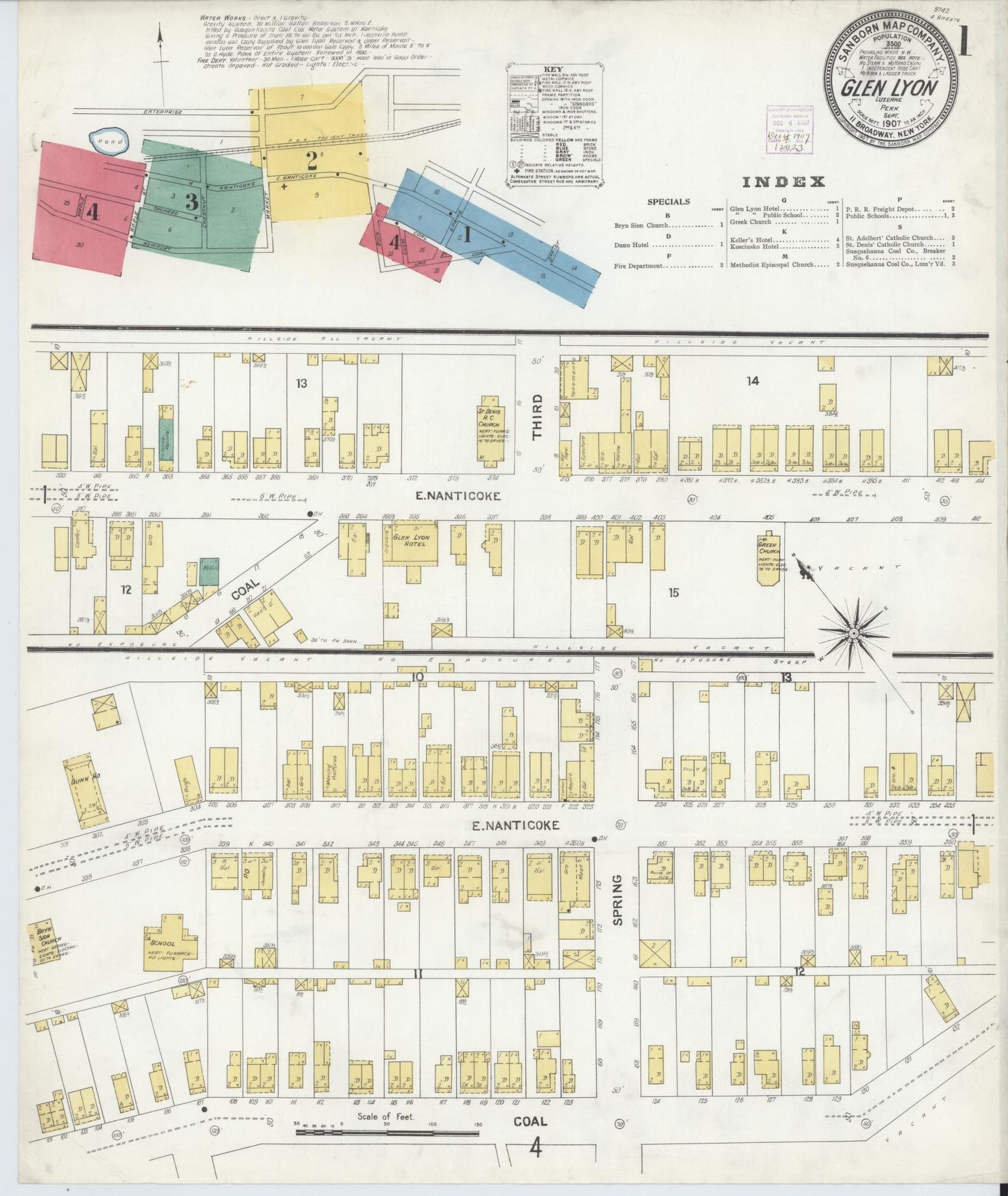Sanborn Fire Insurance Map from Glen Lyon, Luzerne County, Pennsylvania (1907), Sheet #0001 - Historic Sanborn Fire Insurance Map Print, vintage old map wall art, antique decor, genealogy gift, Pennsylvania Pennsylvania map