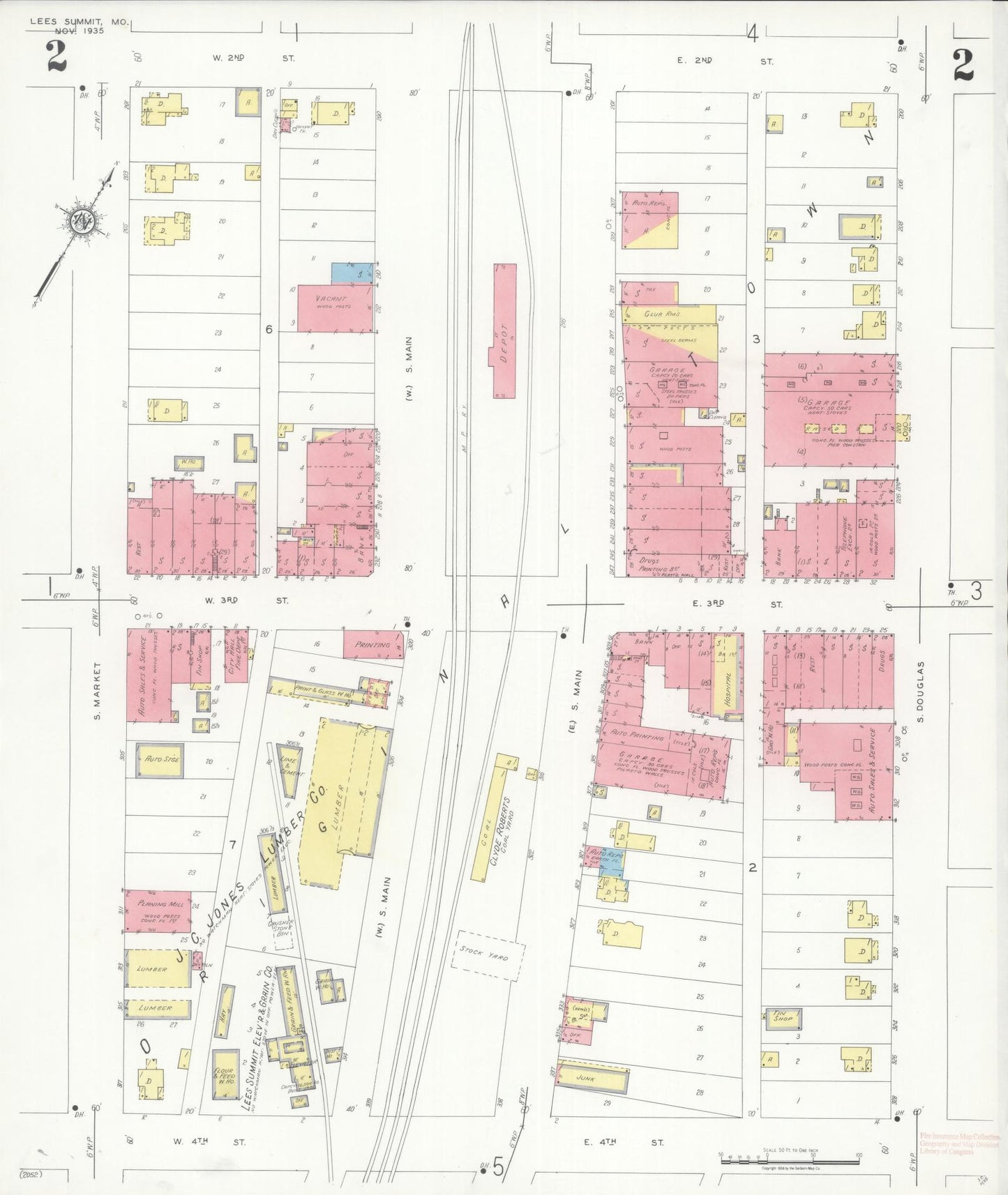Sanborn Fire Insurance Map from Lee's Summit, Jackson County, Missouri (1935), Sheet #0002 - Historic Sanborn Fire Insurance Map Print, vintage old map wall art, antique decor, genealogy gift, Missouri Missouri map