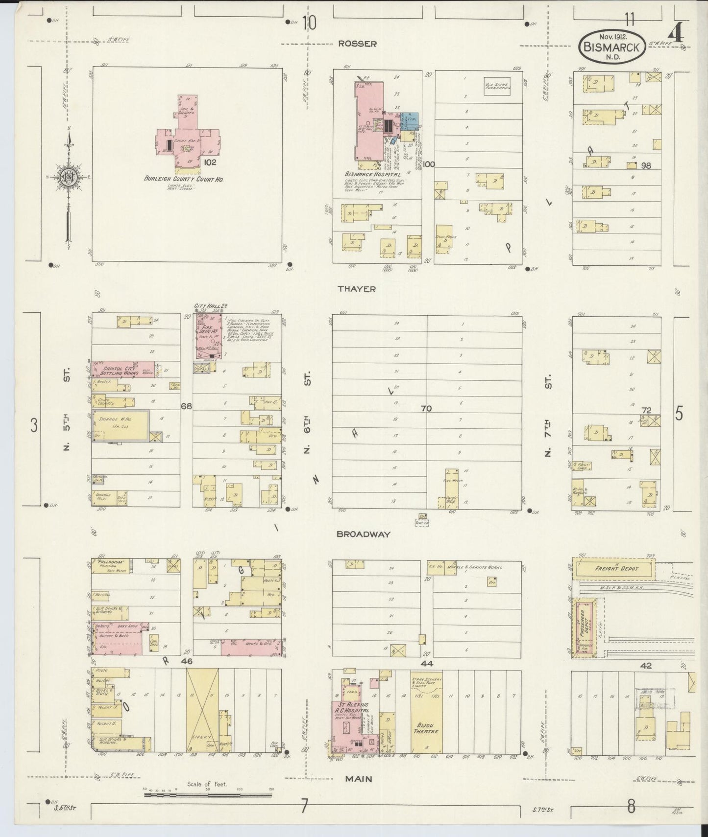 Sanborn Fire Insurance Map from Bismarck, Burleigh County, North Dakota (1912), Sheet #0004 - Historic Sanborn Fire Insurance Map Print, vintage old map wall art, antique decor, genealogy gift, North Dakota North Dakota map