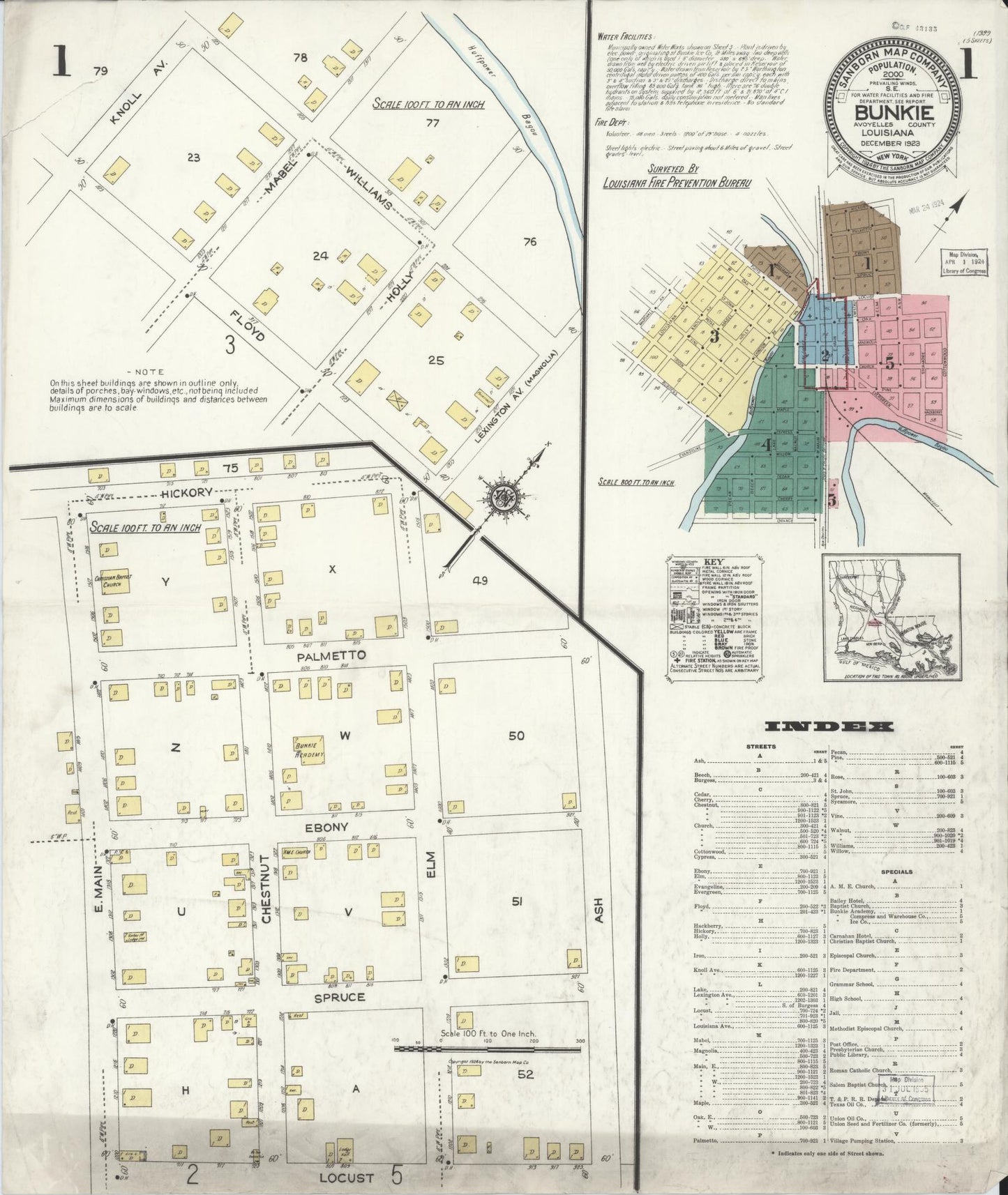 Sanborn Fire Insurance Map from Bunkie, Avoyelles Parish, Louisiana (1923), Sheet #0001 - Historic Sanborn Fire Insurance Map Print, vintage old map wall art, antique decor, genealogy gift, Louisiana Louisiana map