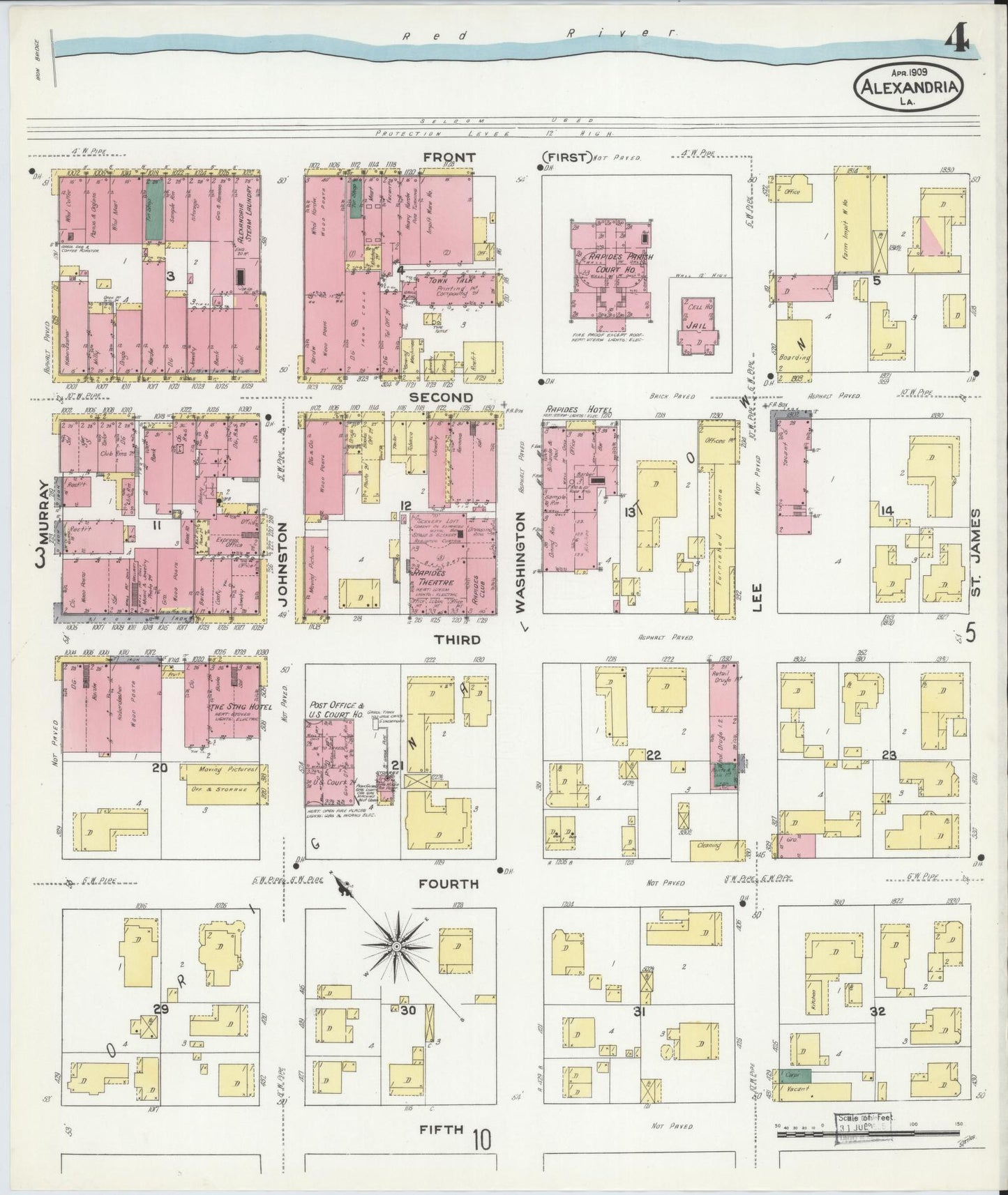Sanborn Fire Insurance Map from Alexandria, Rapides Parish, Louisiana (1909), Sheet #0004 - Historic Sanborn Fire Insurance Map Print, vintage old map wall art, antique decor, genealogy gift, Louisiana Louisiana map
