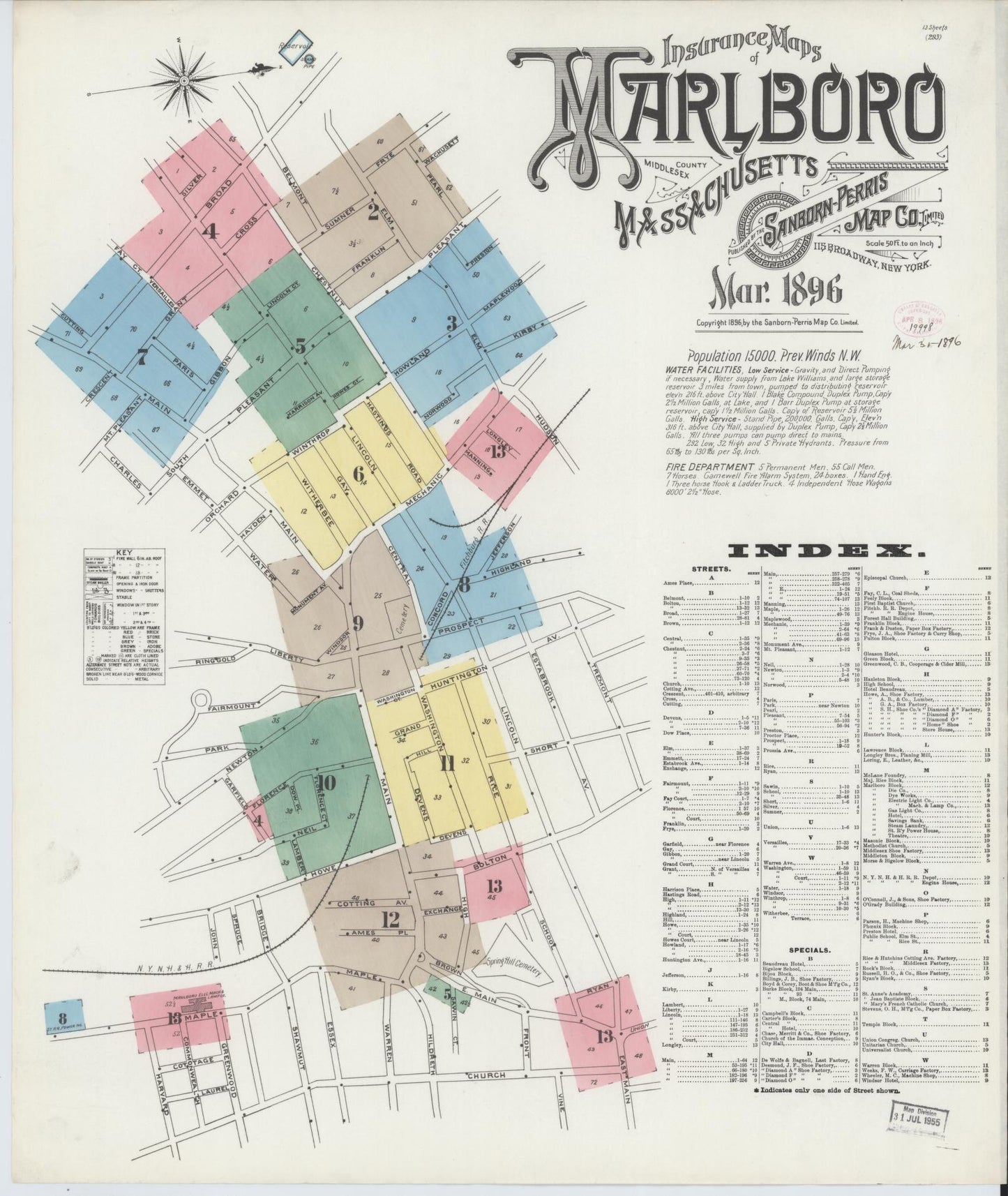 Sanborn Fire Insurance Map from Marlborough, Middlesex County, Massachusetts (1896), Sheet #0001 - Historic Sanborn Fire Insurance Map Print, vintage old map wall art, antique decor, genealogy gift, Massachusetts Massachusetts map