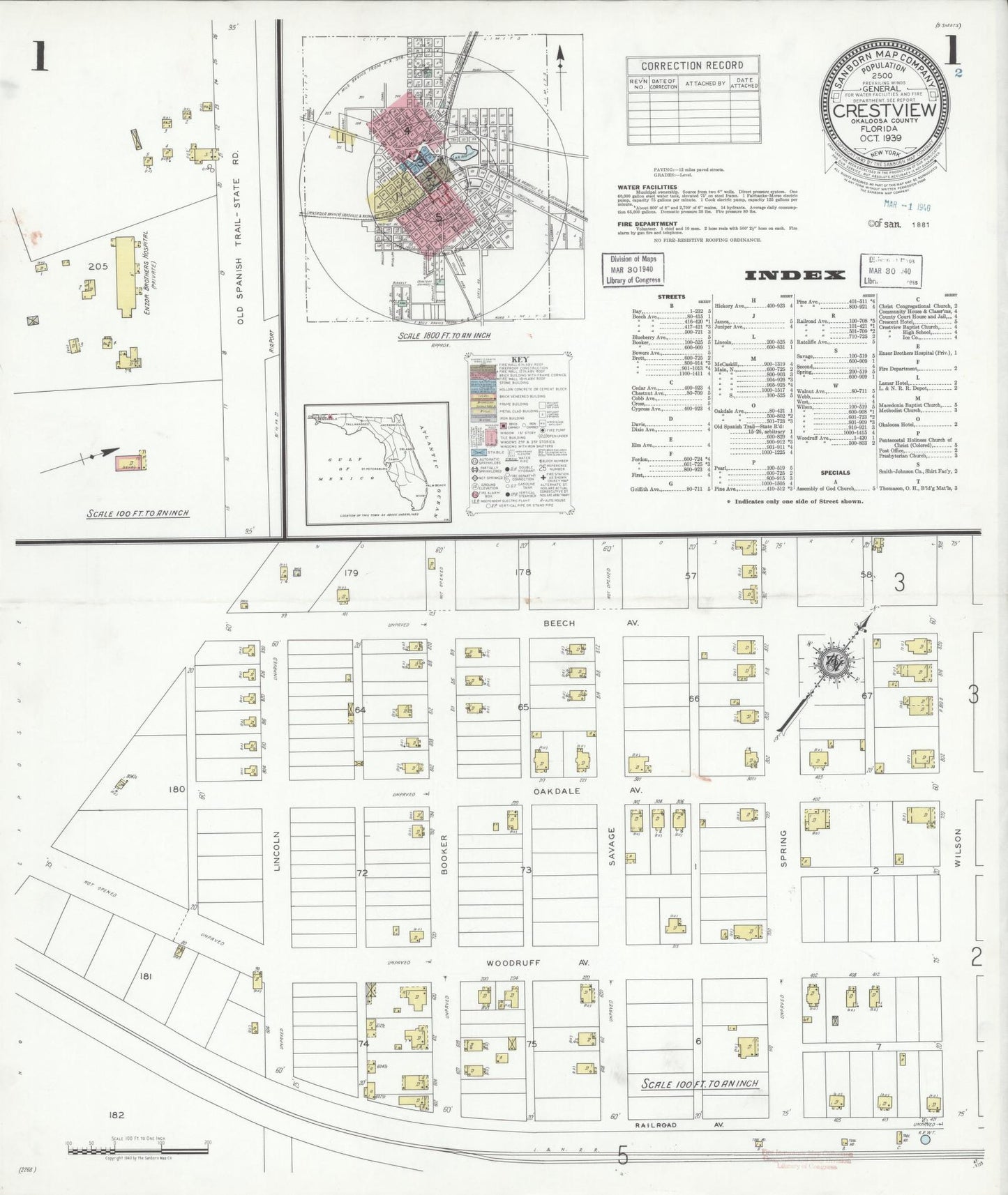Sanborn Fire Insurance Map from Crestview, Okaloosa County, Florida (1939), Sheet #0001 - Historic Sanborn Fire Insurance Map Print, vintage old map wall art, antique decor, genealogy gift, Florida Florida map