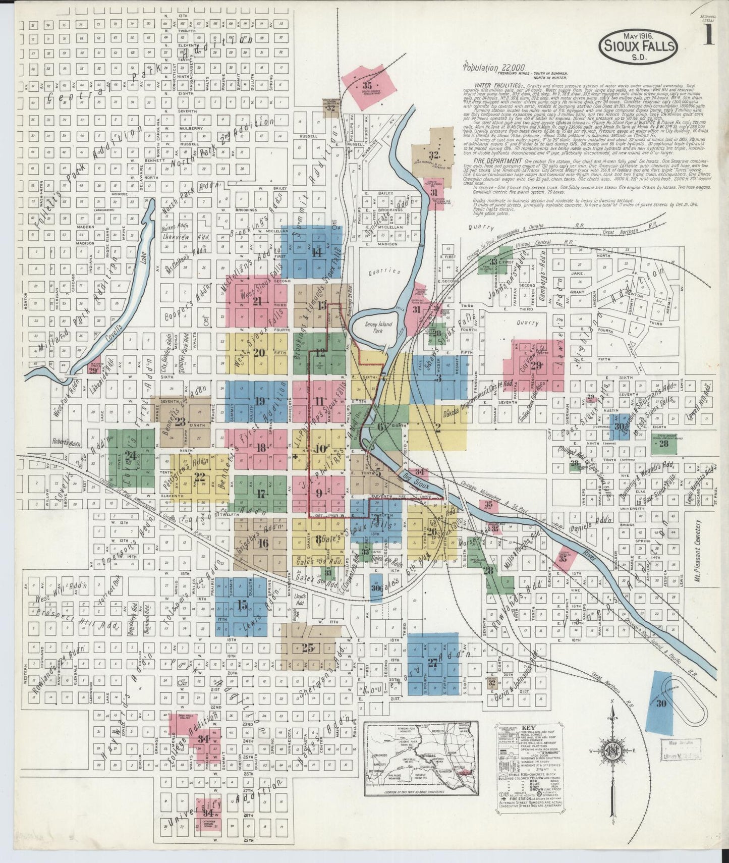 Sanborn Fire Insurance Map from Sioux Falls, Minnehaha County, South Dakota (1916), Sheet #0001 - Historic Sanborn Fire Insurance Map Print, vintage old map wall art, antique decor, genealogy gift, South Dakota South Dakota map