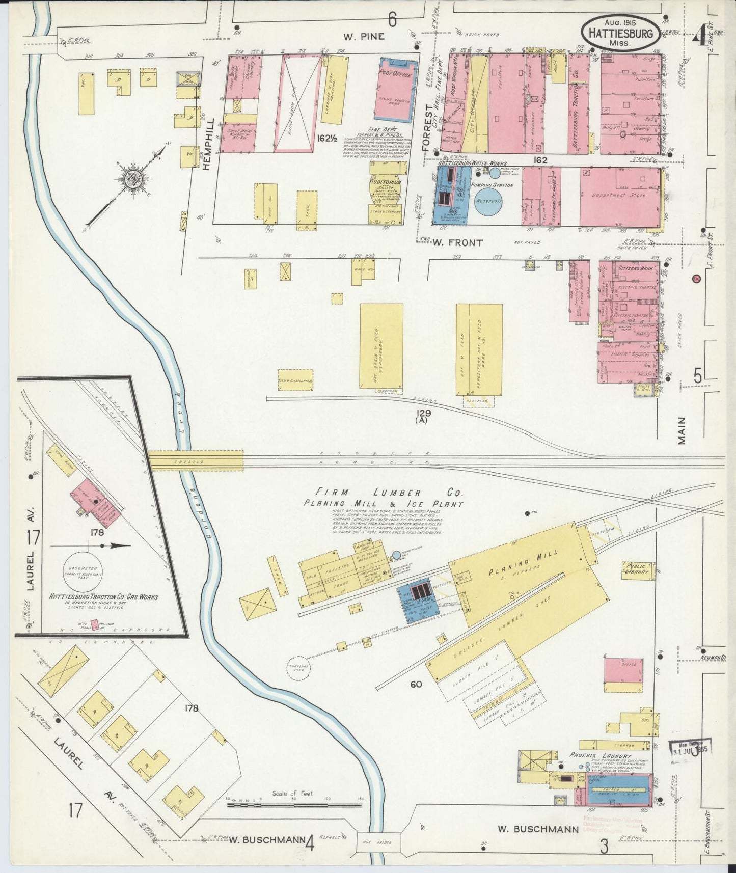 Sanborn Fire Insurance Map from Hattiesburg, Forrest County, Mississippi (1915), Sheet #0004 - Historic Sanborn Fire Insurance Map Print, vintage old map wall art, antique decor, genealogy gift, Mississippi Mississippi map