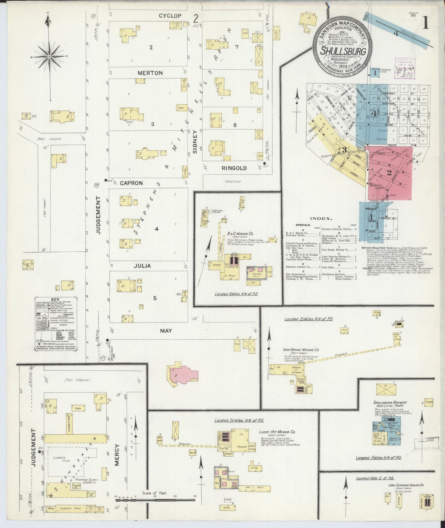 Sanborn Fire Insurance Map from Shullsburg, Lafayette County, Wisconsin (1908), Sheet #0001 - Historic Sanborn Fire Insurance Map Print, vintage old map wall art, antique decor, genealogy gift, Wisconsin Wisconsin map