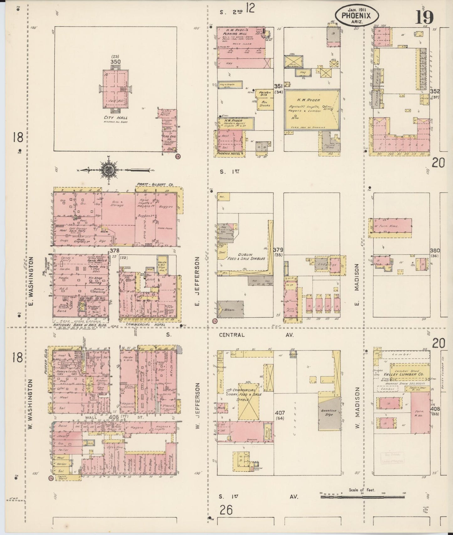 Sanborn Fire Insurance Map from Phoenix, Maricopa County, Arizona (1911), Sheet #0019 - Historic Sanborn Fire Insurance Map Print, vintage old map wall art, antique decor, genealogy gift, Arizona Arizona map