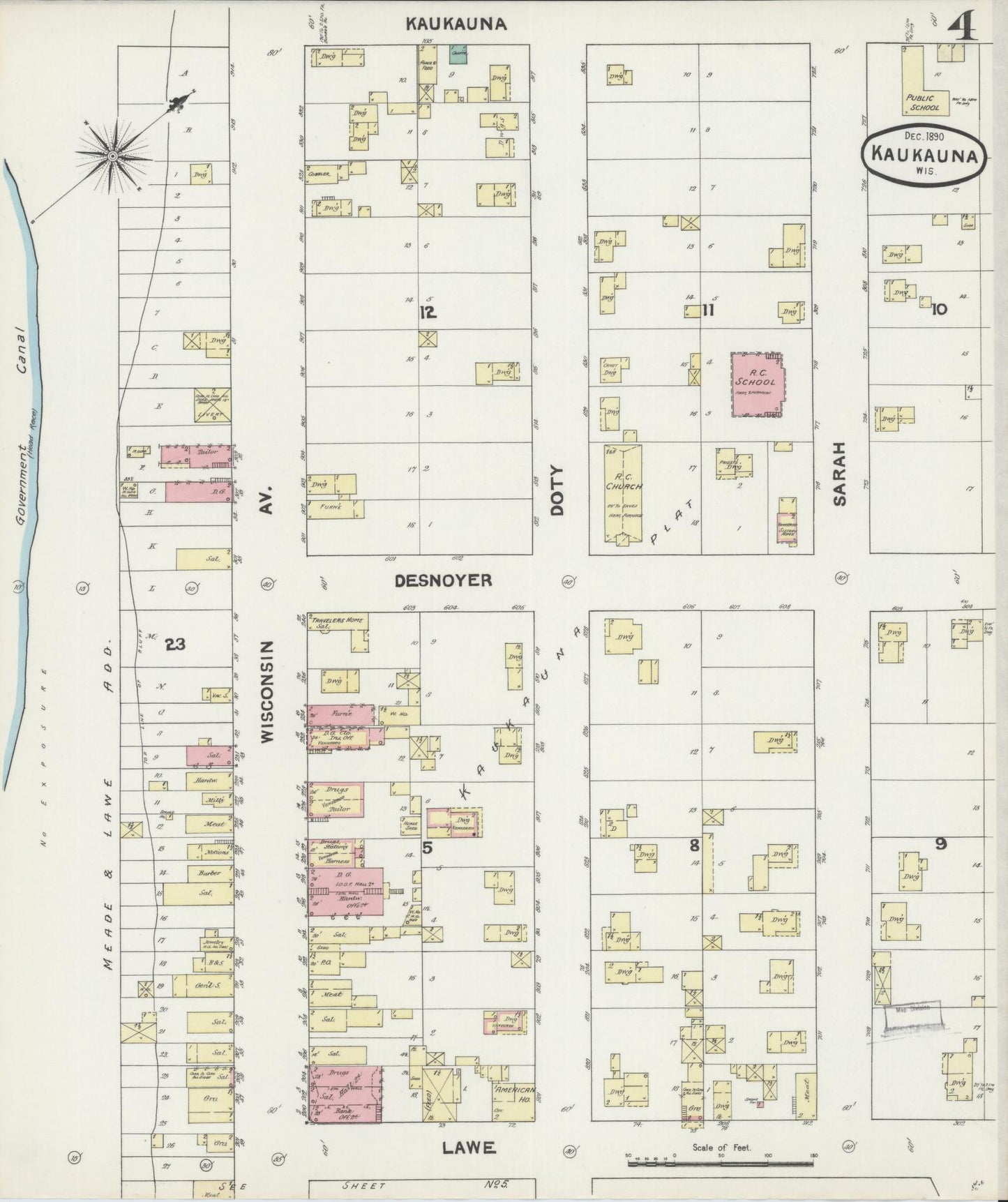 Sanborn Fire Insurance Map from Kaukauna, Outagamie County, Wisconsin (1890), Sheet #0004 - Historic Sanborn Fire Insurance Map Print, vintage old map wall art, antique decor, genealogy gift, Wisconsin Wisconsin map