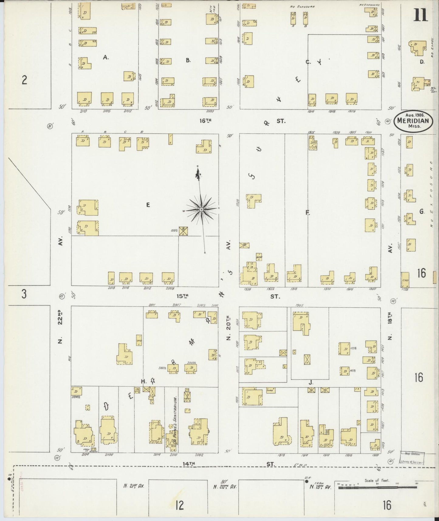 Sanborn Fire Insurance Map from Meridian, Lauderdale County, Mississippi (1906), Sheet #0011 - Historic Sanborn Fire Insurance Map Print, vintage old map wall art, antique decor, genealogy gift, Mississippi Mississippi map