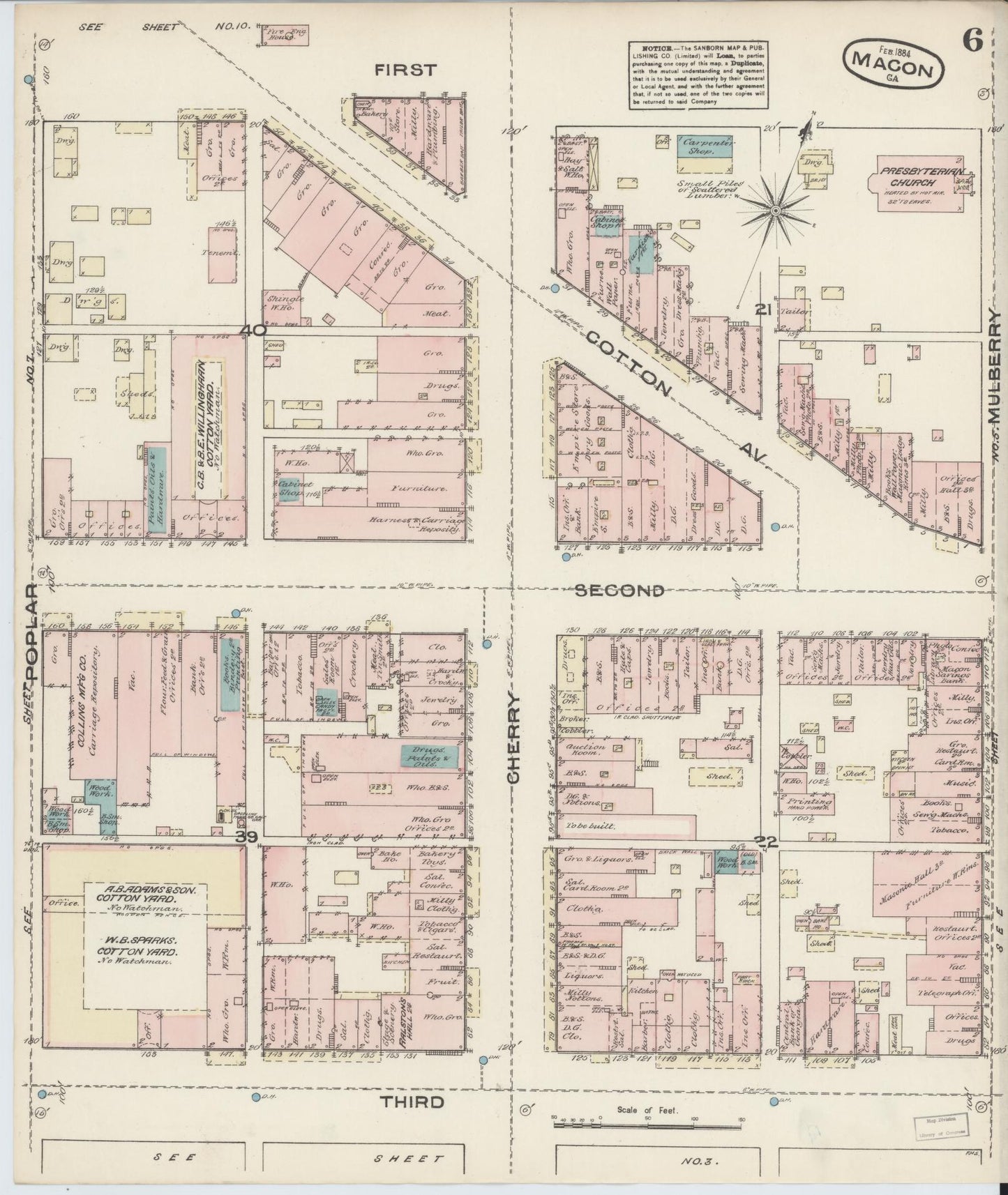 Sanborn Fire Insurance Map from Macon, Bibb and Jones County, Georgia (1884), Sheet #0006 - Historic Sanborn Fire Insurance Map Print, vintage old map wall art, antique decor, genealogy gift, Georgia Georgia map
