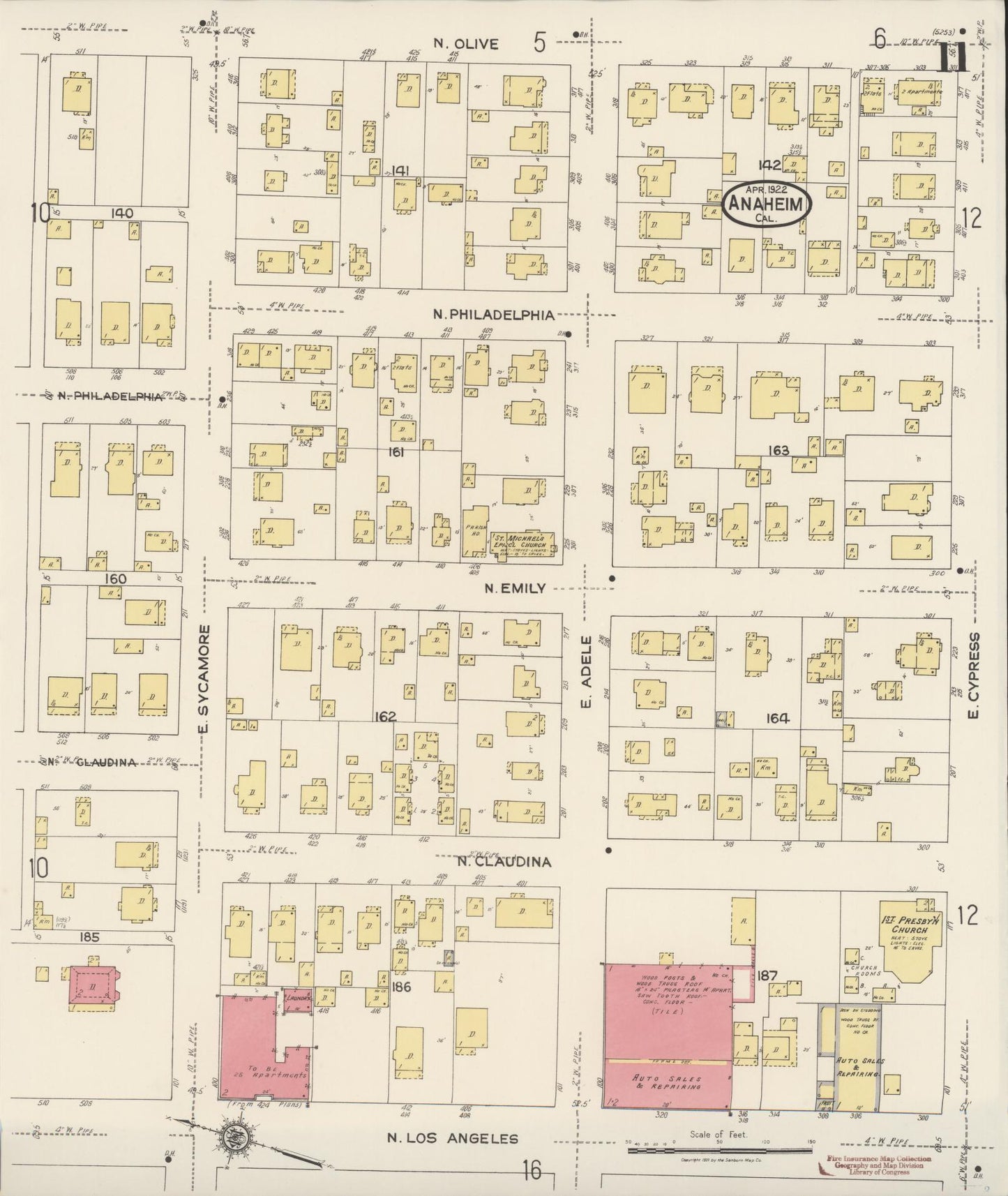 Sanborn Fire Insurance Map from Anaheim, Orange County, California (1922), Sheet #0011 - Historic Sanborn Fire Insurance Map Print, vintage old map wall art, antique decor, genealogy gift, California California map