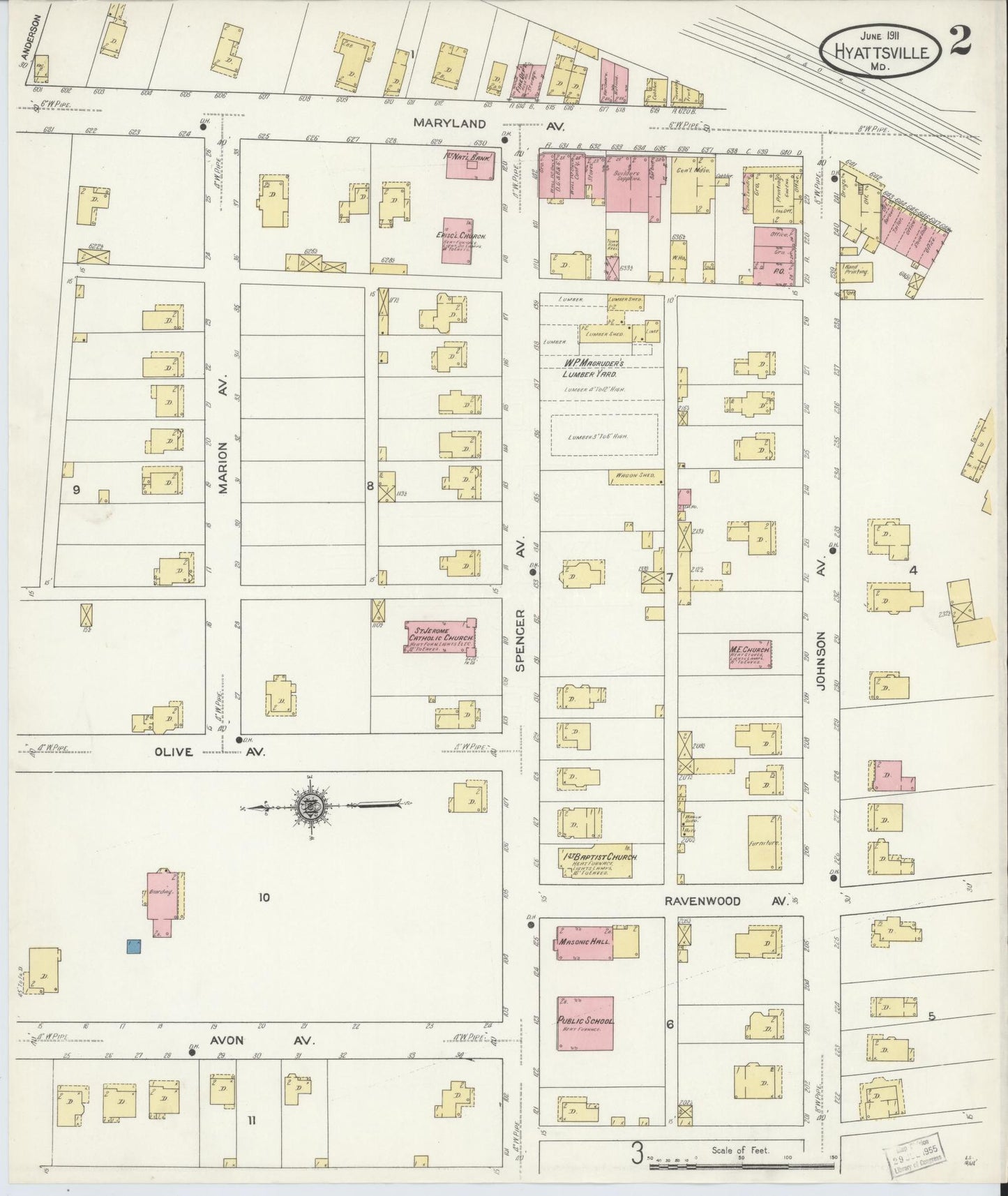 Sanborn Fire Insurance Map from Hyattsville, Prince Georges County, Maryland (1911), Sheet #0002 - Historic Sanborn Fire Insurance Map Print, vintage old map wall art, antique decor, genealogy gift, Maryland Maryland map