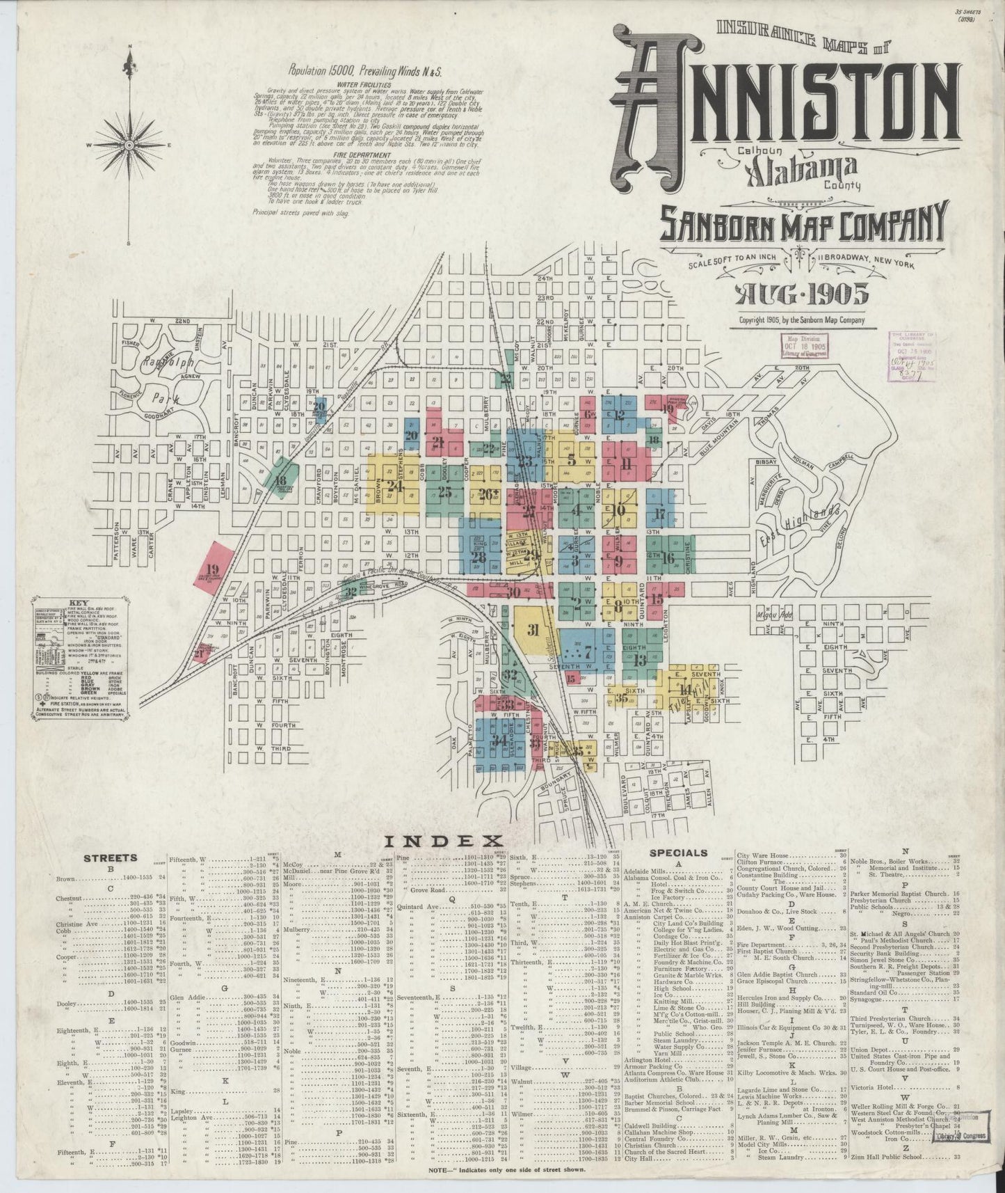 Sanborn Fire Insurance Map from Anniston, Calhoun County, Alabama (1905), Sheet #0001 - Historic Sanborn Fire Insurance Map Print, vintage old map wall art, antique decor, genealogy gift, Alabama Alabama map